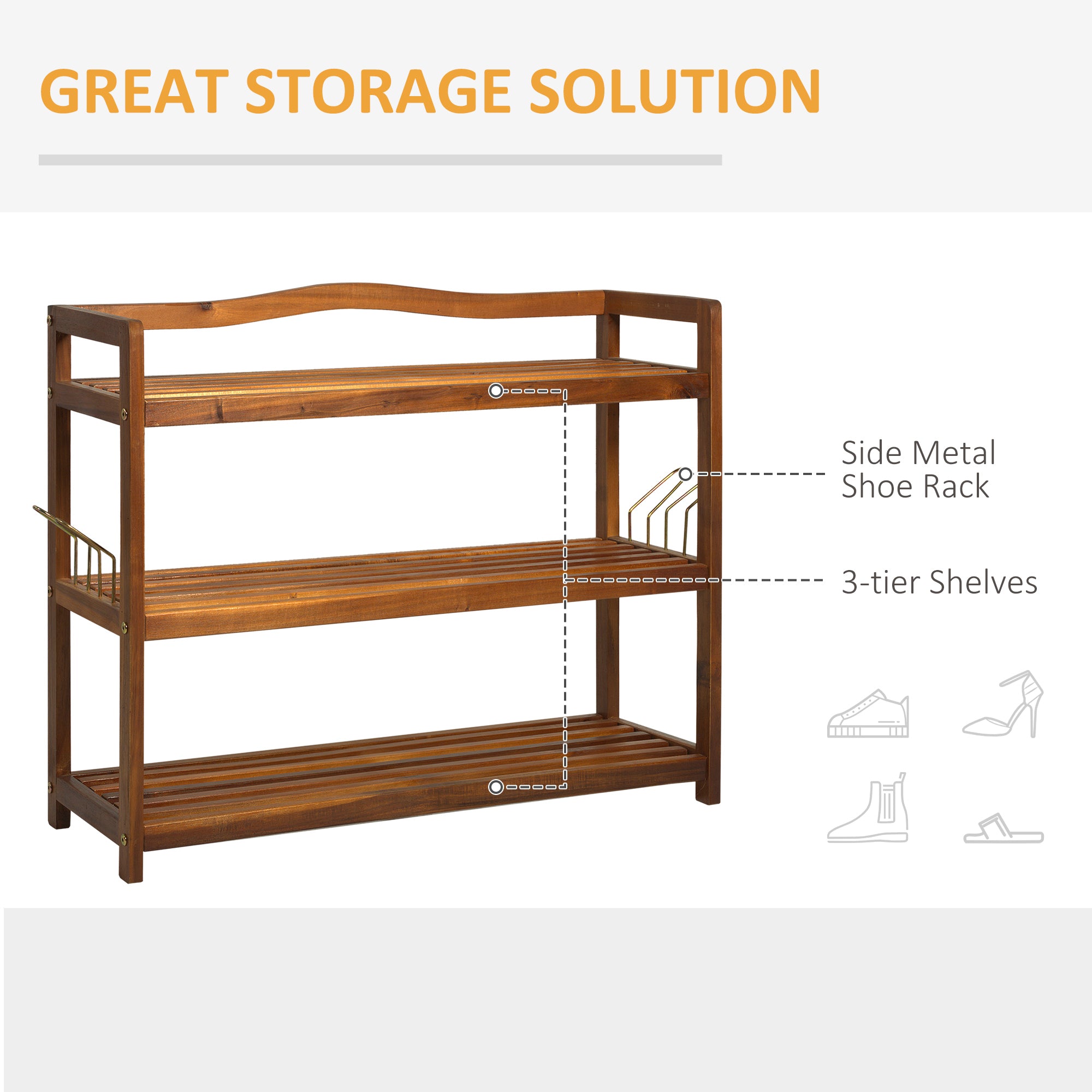 HOMCOM 3-Tier Shoe Rack, Acacia Wooden Shoe Storage Organiser with 2 Hangers, Holds up to 12 Pairs, for Entryway, Living Room, 74 x 26 x 62 cm, Teak - North Peak Garden Furniture