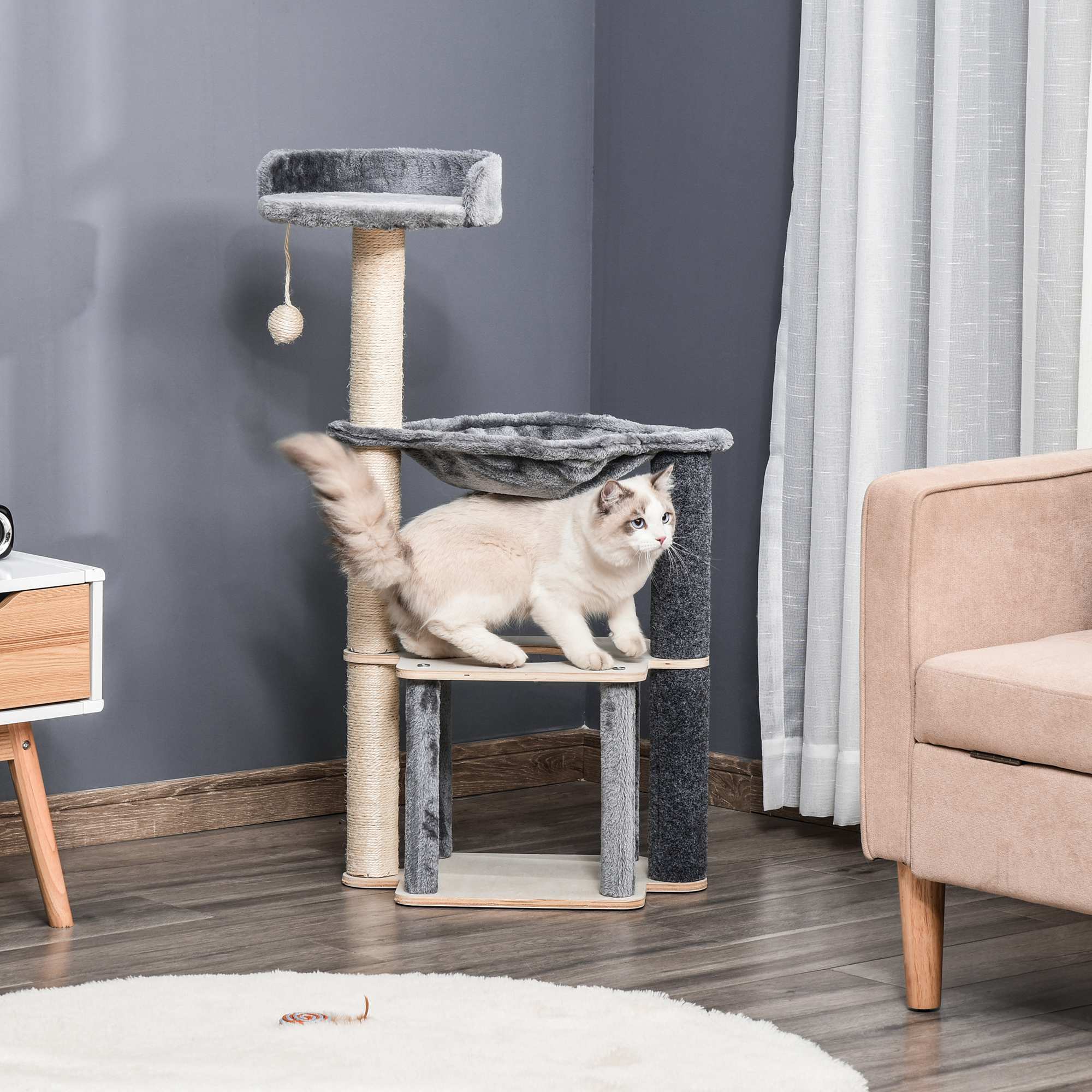 PawHut Cat Tree for Indoor Cats 95cm Climbing Tower Kitten Activity Center with Sisal Scratching Post Perch Roomy Condo Hammock Removable Felt Hanging Toy, Grey - North Peak Garden Furniture