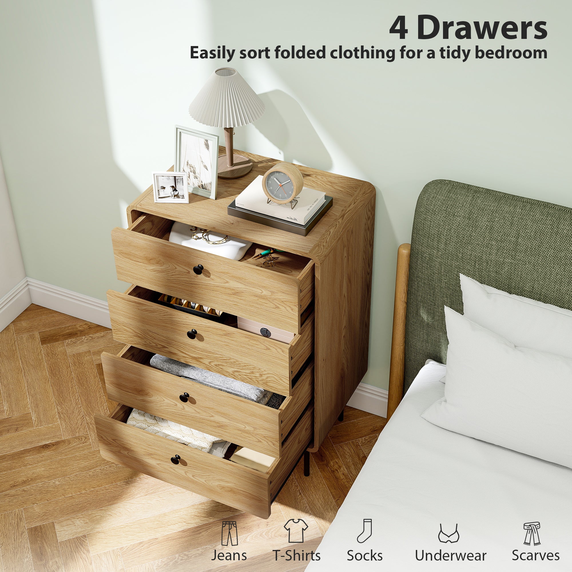 HOMCOM Modern Chest of Drawers with 4 Drawers - Oak