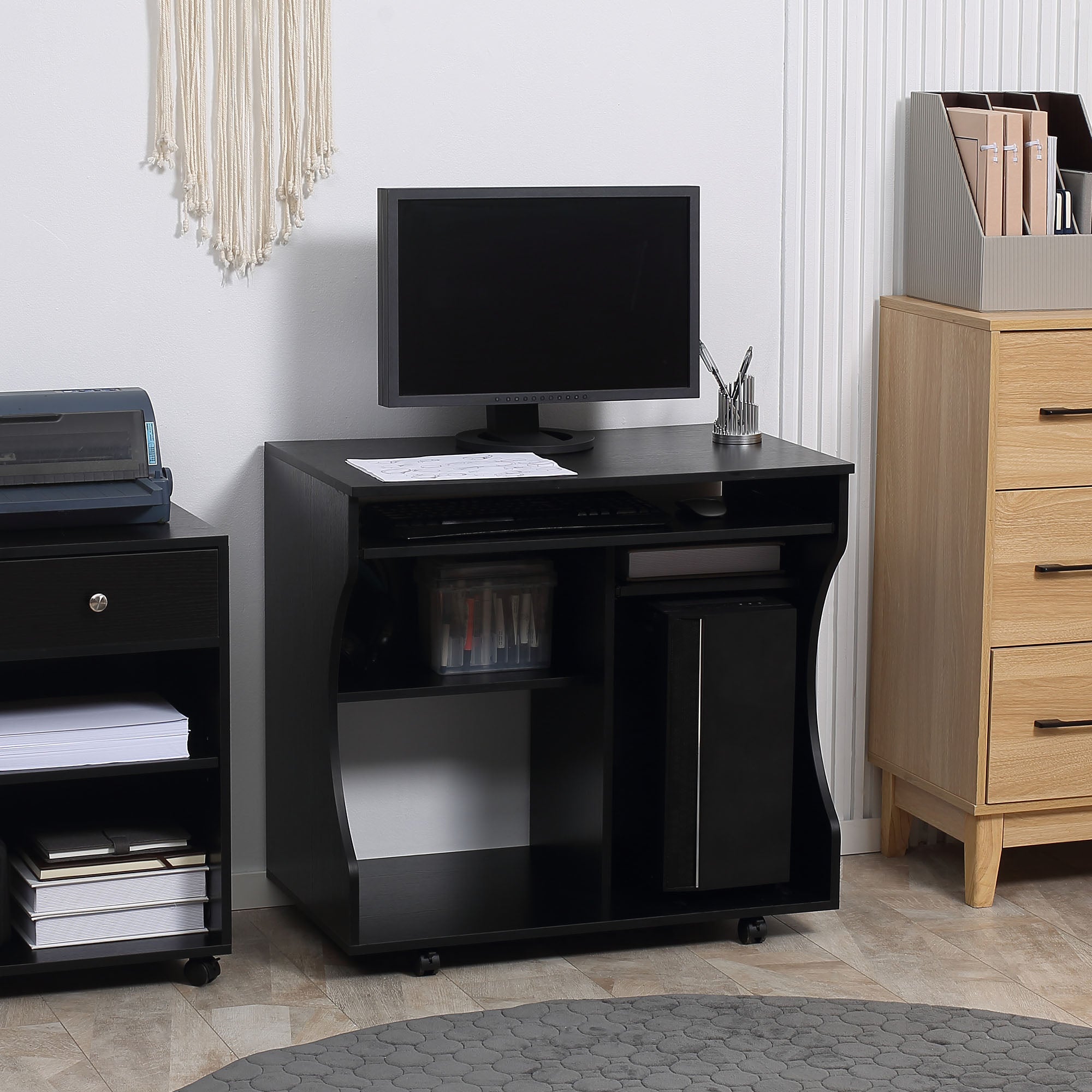 HOMCOM Multi-Storage Compact Work Desk, with Wheels - Black - North Peak Garden Furniture