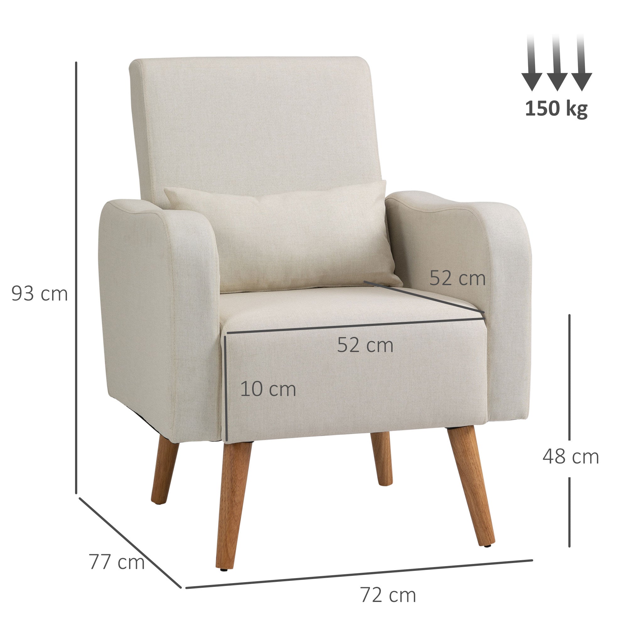 HOMCOM Accent Chair, Linen-Touch Armchair, Upholstered Leisure Lounge Sofa for Living Room, Club Chair with Wooden Frame, Cream - North Peak Garden Furniture