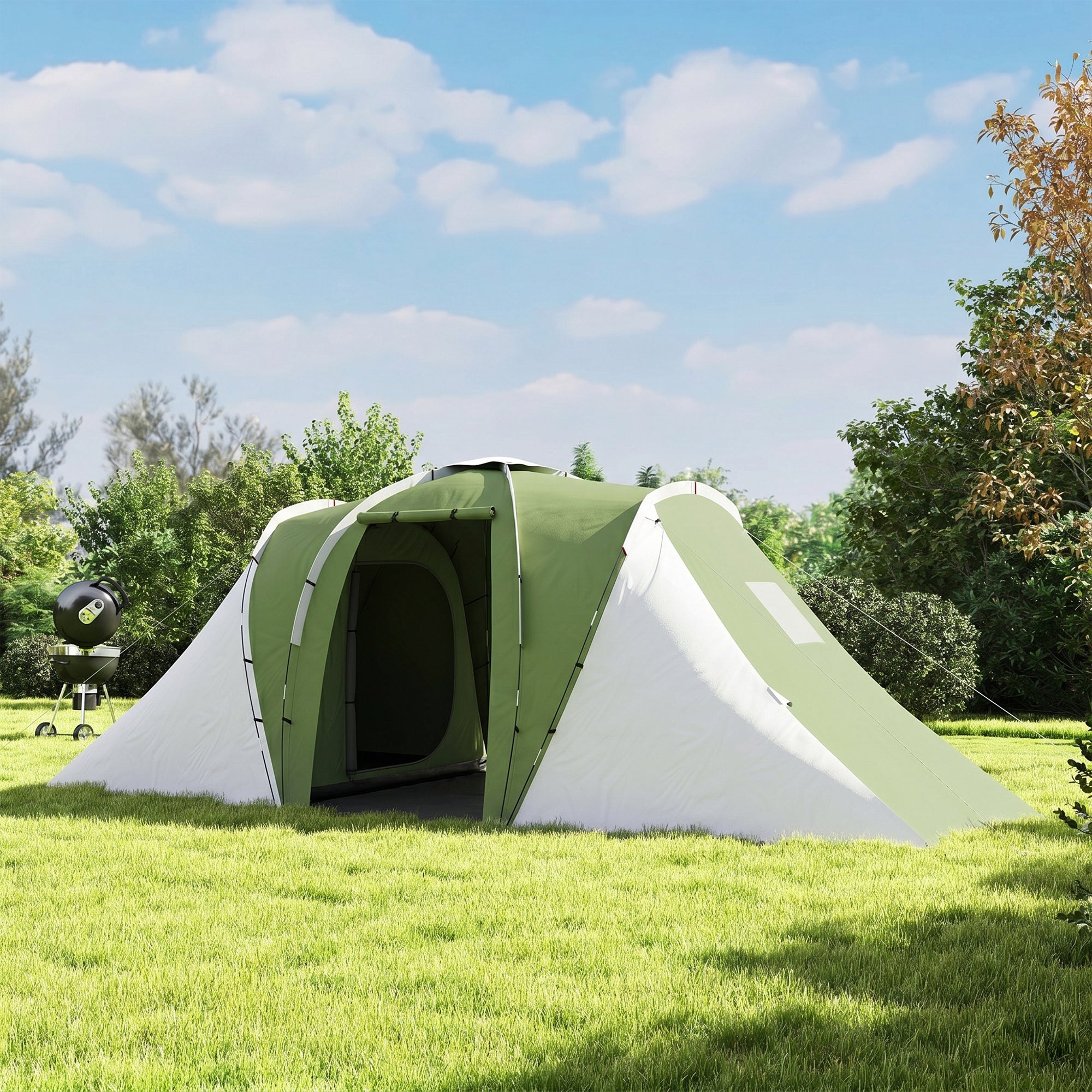 Outsunny Large Camping Tent Tunnel Tent with 2 Bedroom and Living Area, 2000mm Waterproof, Portable with Bag for 4-6 Man, Green