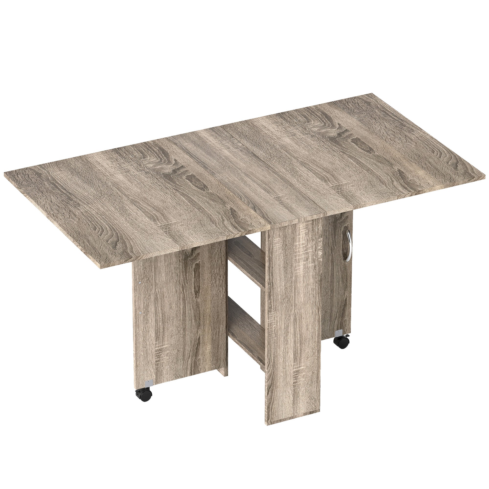 HOMCOM Folding Dining Table, Drop Leaf Table for Small Spaces with 2-tier Shelves, Small Kitchen Table with Rolling Casters, Grey
