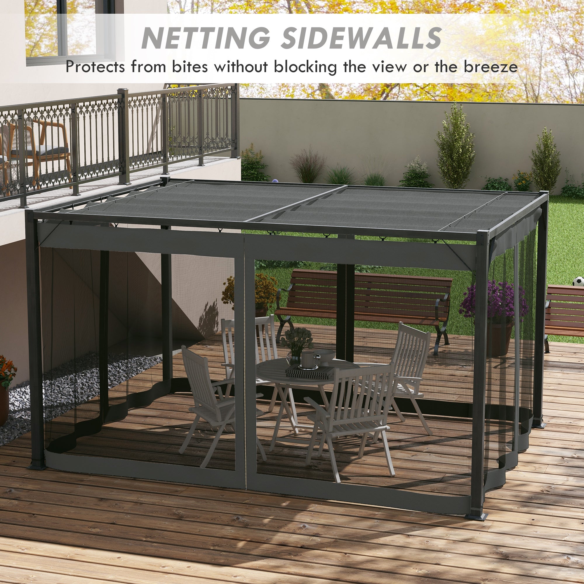 Outsunny 3 x 4m Aluminium Frame Pergola, with Retractable Roof - Dark Grey - North Peak Garden Furniture