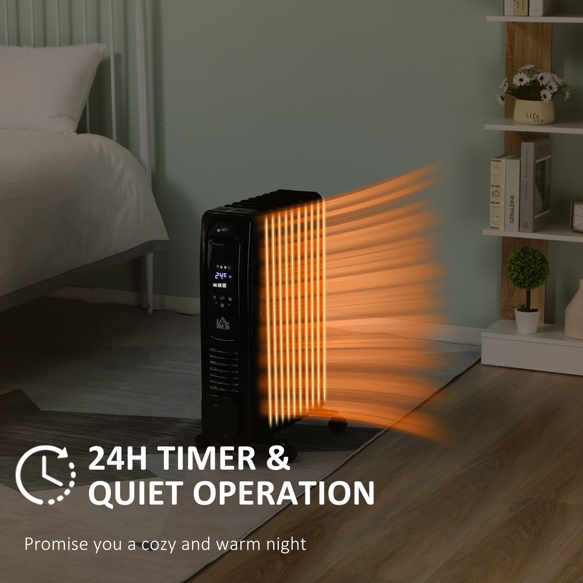 HOMCOM 2000W Digital Oil Filled Radiator, 9 Fin, Portable Electric Heater with LED Display, Timer, 3 Heat Settings, Safety Cut-Off and Remote Control, Black - North Peak Garden Furniture