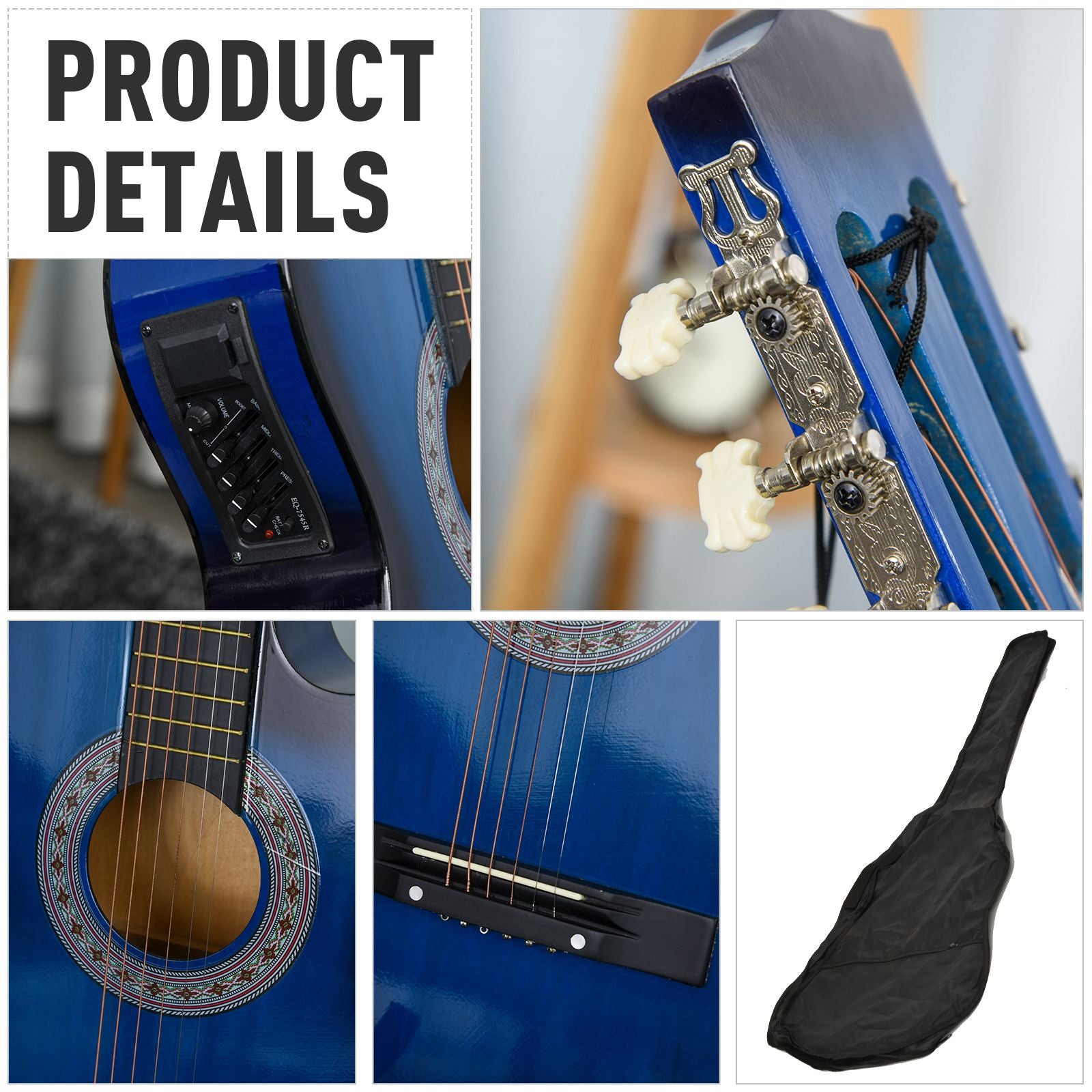 HOMCOM 38 Inch Full Size Blue Classical Acoustic Electric Guitar Kids Guitar and Junior Guitar Premium Gloss Finish w/Case - Blue - North Peak Garden Furniture