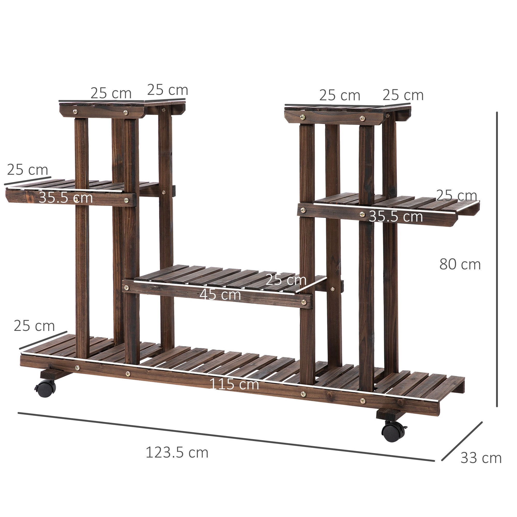 Outsunny 4-Tier Plant Stand with Wheels and Brakes, Floor-standing Wooden Flower Rack, for Indoor & Outdoor Garden Balcony Living Room, 124 x 33 x 80 cm