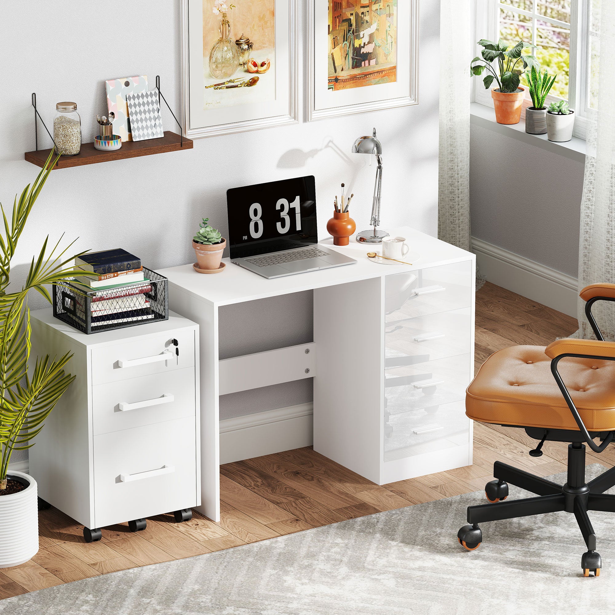 HOMCOM Computer Desk with Drawers, Dressing Table, High Gloss Home Office Writing Workstation, White - North Peak Garden Furniture