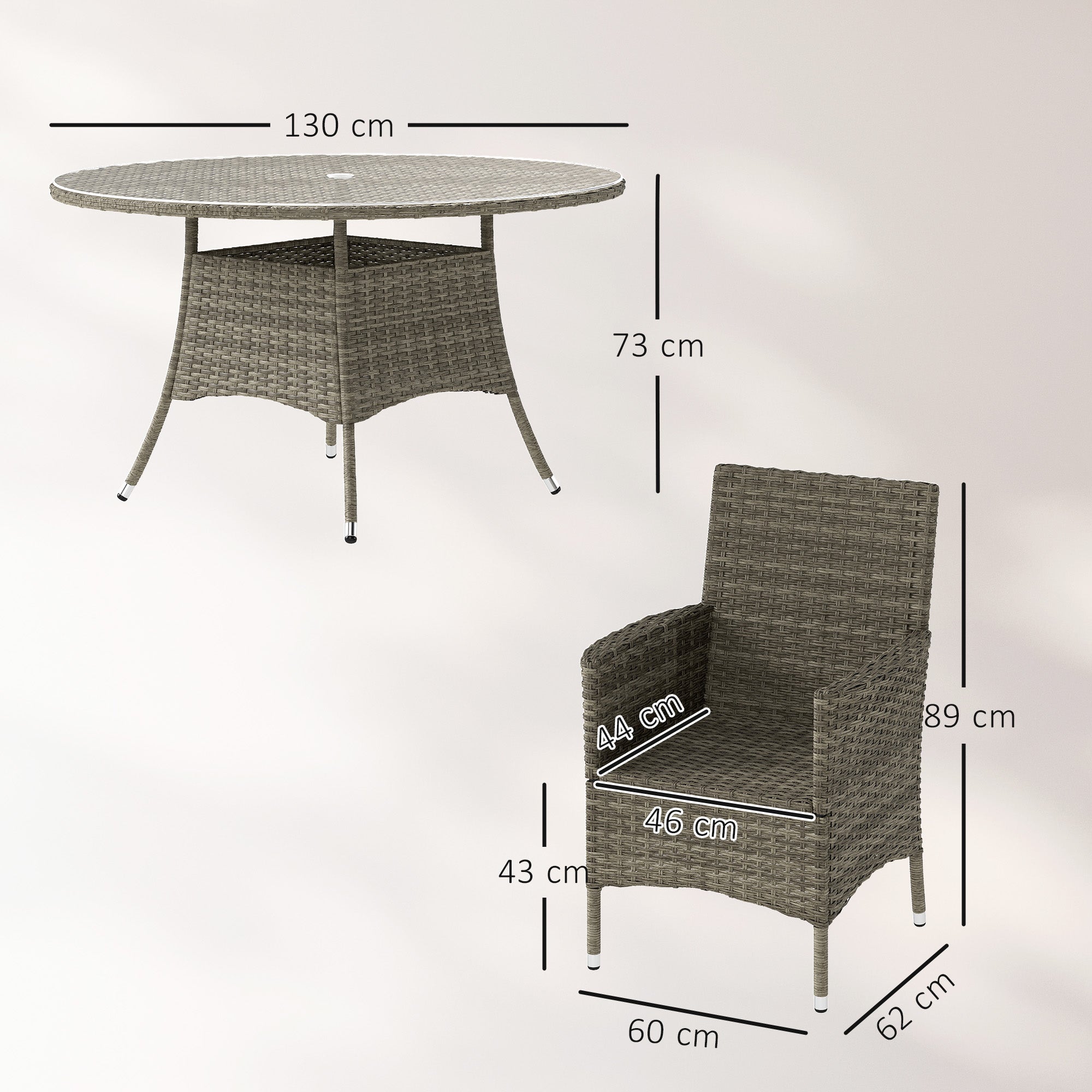 Outsunny Seven-Piece Rattan Dining Table, with Round Glass-Top Table - Light Grey - North Peak Garden Furniture