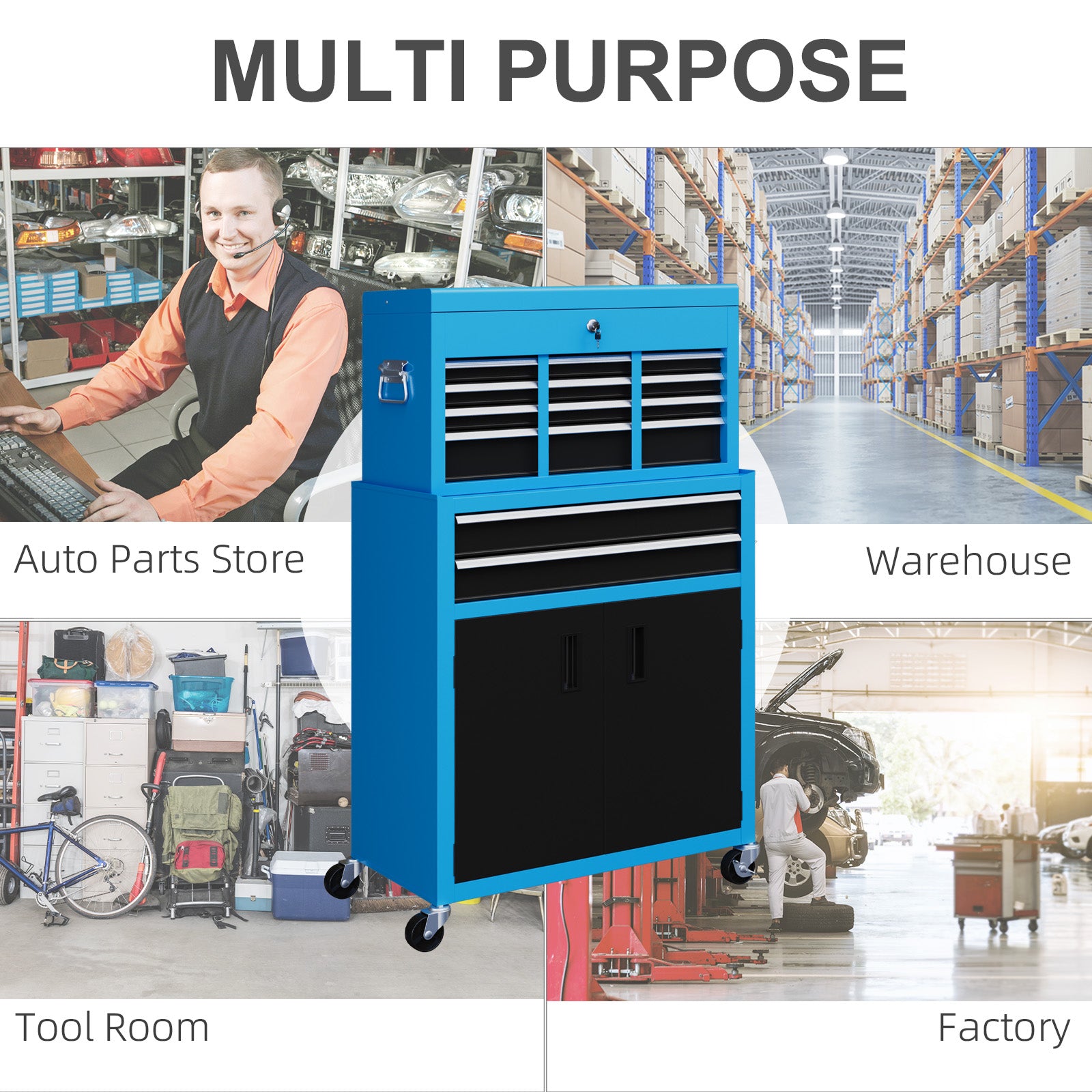 HOMCOM Portable Tool Box, Metal Tool Chest on Wheels with 6 Drawers for Garage and Workshop, Blue - North Peak Garden Furniture