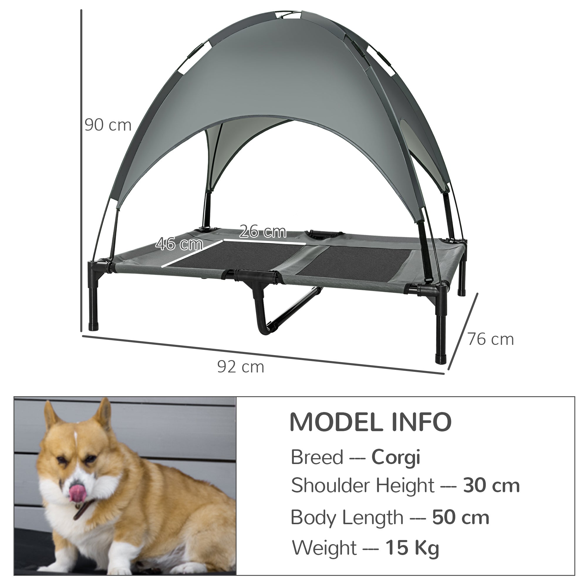 PawHut Raised Dog Bed Waterproof Elevated Pet Cot with Breathable Mesh UV Protection Canopy Grey, for Large Dogs, 92 x 76 x 90cm - North Peak Garden Furniture