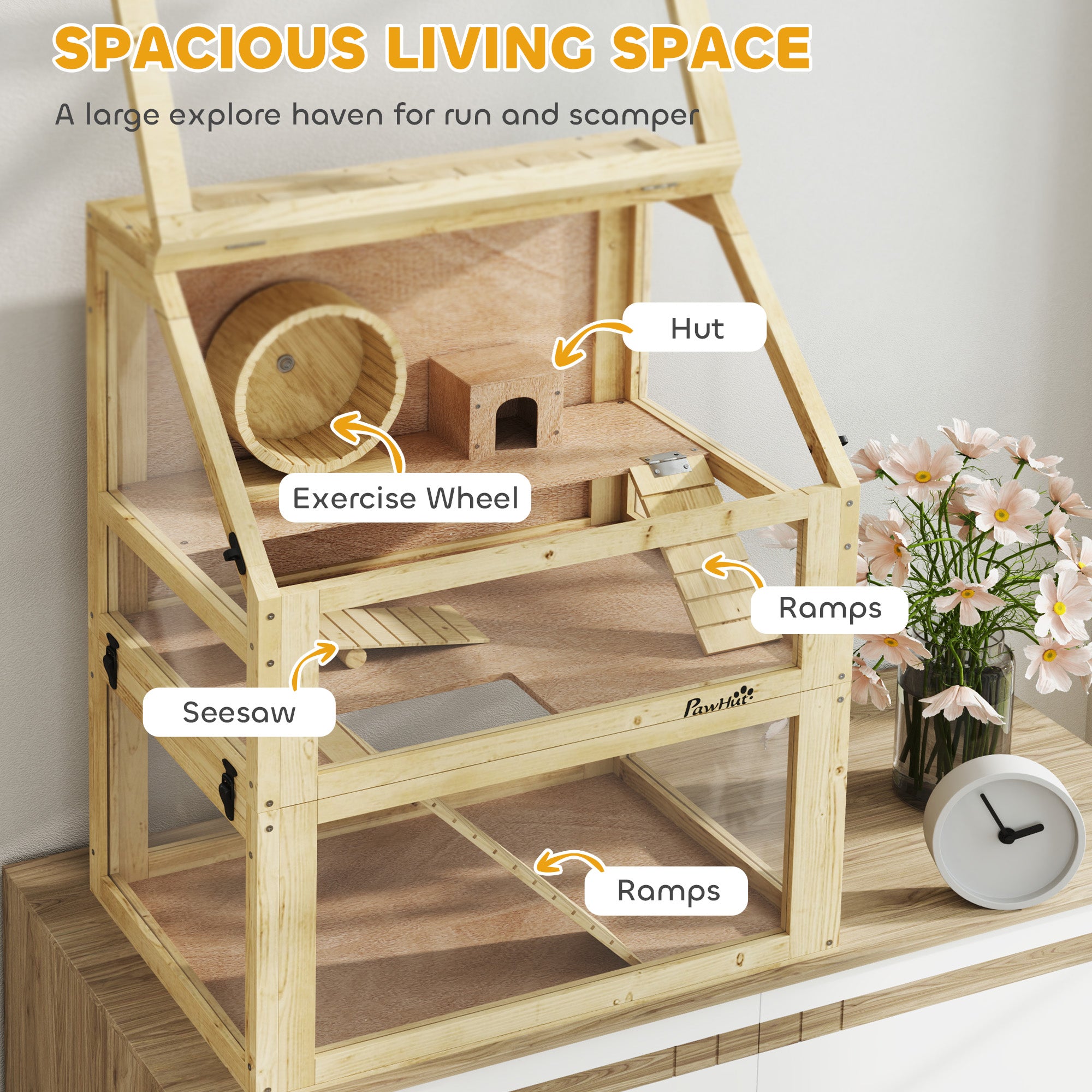 PawHut Wooden Hamster Cage with Detachable 32cm Deep Bottom, Hut, Seesaw, Exercise Wheel, Ramps, 60 x 40 x 75cm - North Peak Garden Furniture