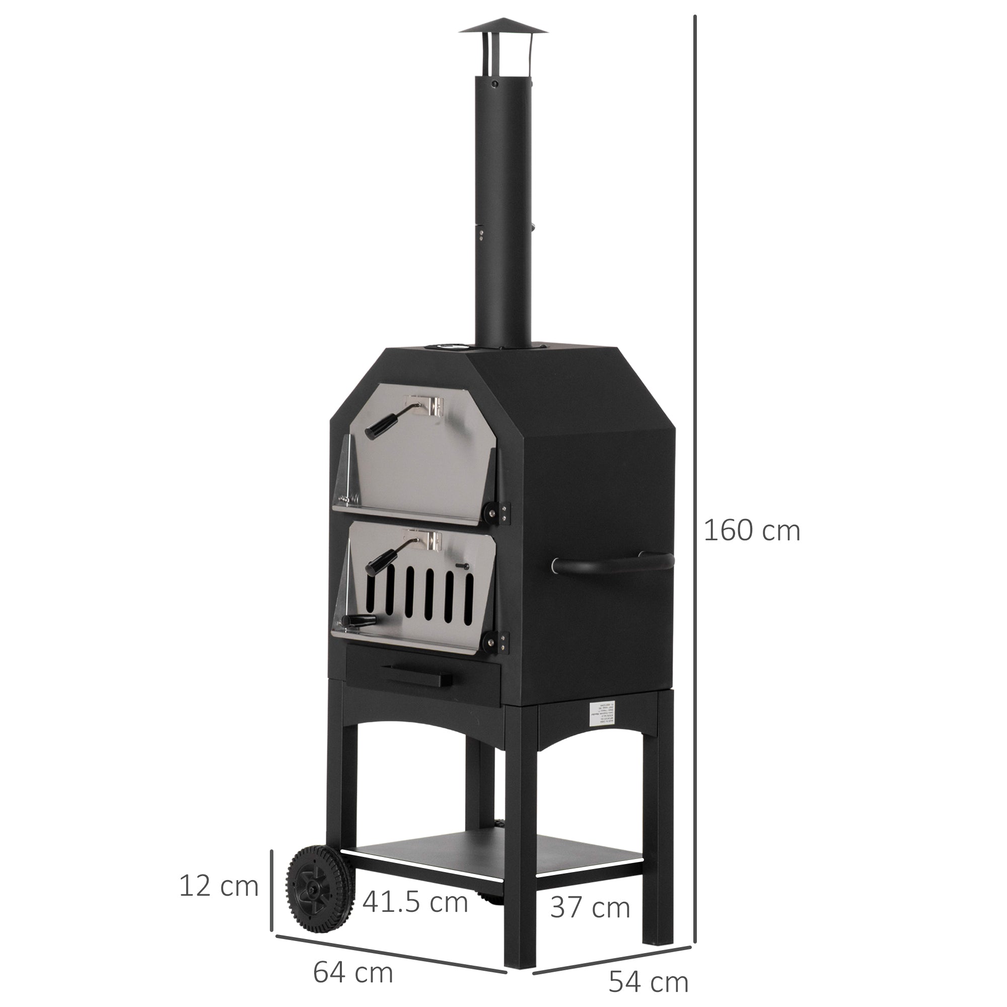 Outsunny Outdoor Garden Pizza Oven Charcoal BBQ Grill 3-Tier Freestanding w/ Chimney, Mesh Shelf, Thermometer Handles, Wheels Garden Party Gathering Stainless Steel Cooker - North Peak Garden Furniture