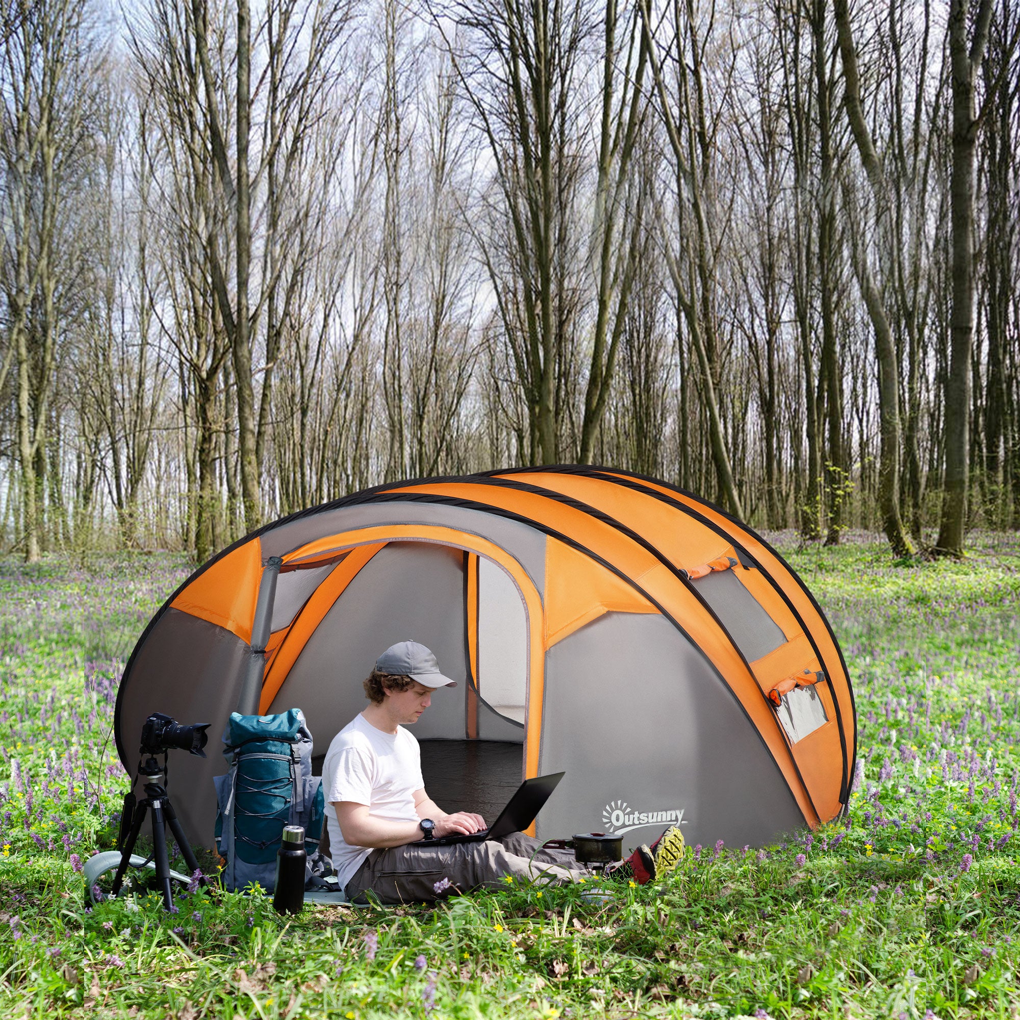 Outsunny 4-5 Person Pop-up Camping Tent Waterproof Family Tent w/ 2 Mesh Windows & PVC Windows Portable Carry Bag for Outdoor Trip, Orange - North Peak Garden Furniture