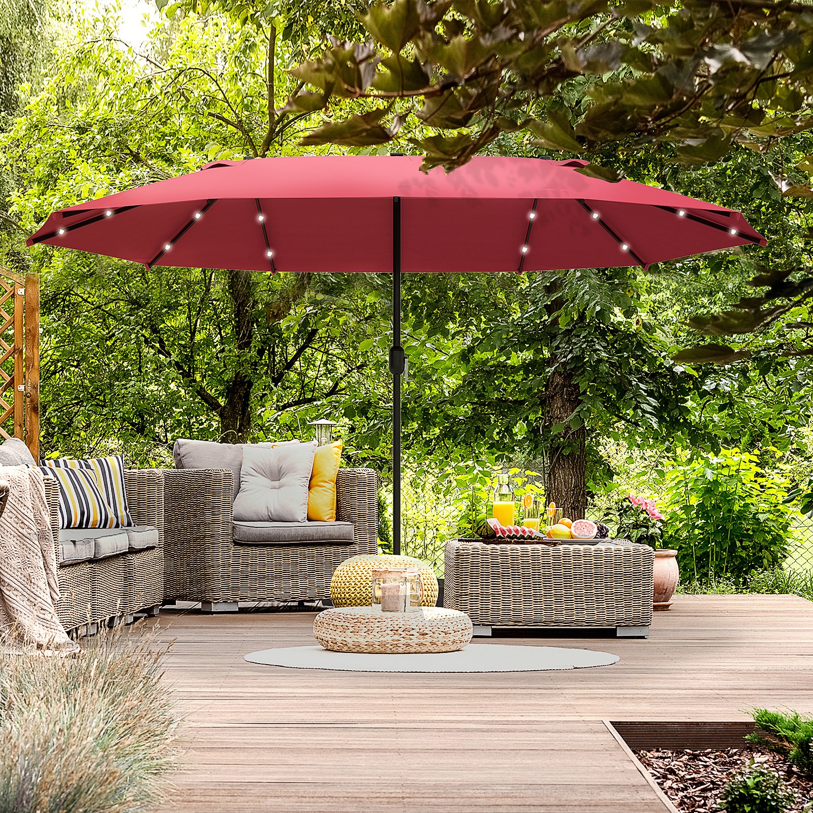 Outsunny 4.4m Double-Sided Sun Umbrella Patio Parasol LED Solar Lights Red - North Peak Garden Furniture