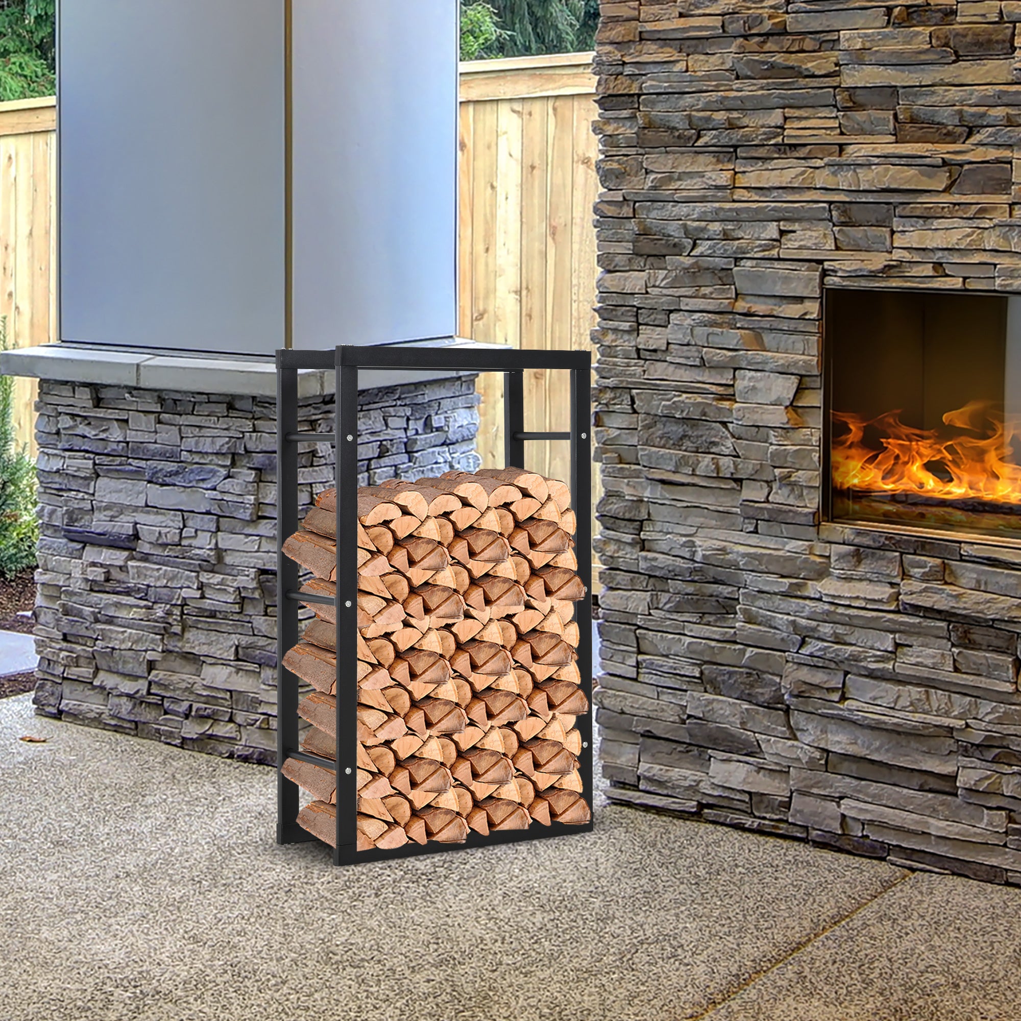 HOMCOM Metal Firewood Log Holder Tall Firewood Rack Indoor Outdoor Fireplace Wood Storage Shelf with Rust-Resistant, Black, 60W x 25D x 100H cm