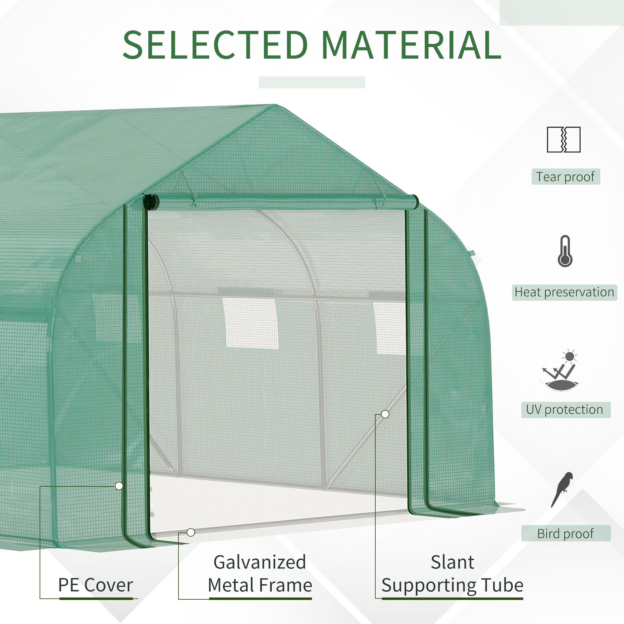 Outsunny Walk-in Polytunnel Garden Greenhouse, Outdoor Mesh Door Greenhouse with PE Cover and 6 Windows, 3.5 x 3 x 2m, Green - North Peak Garden Furniture