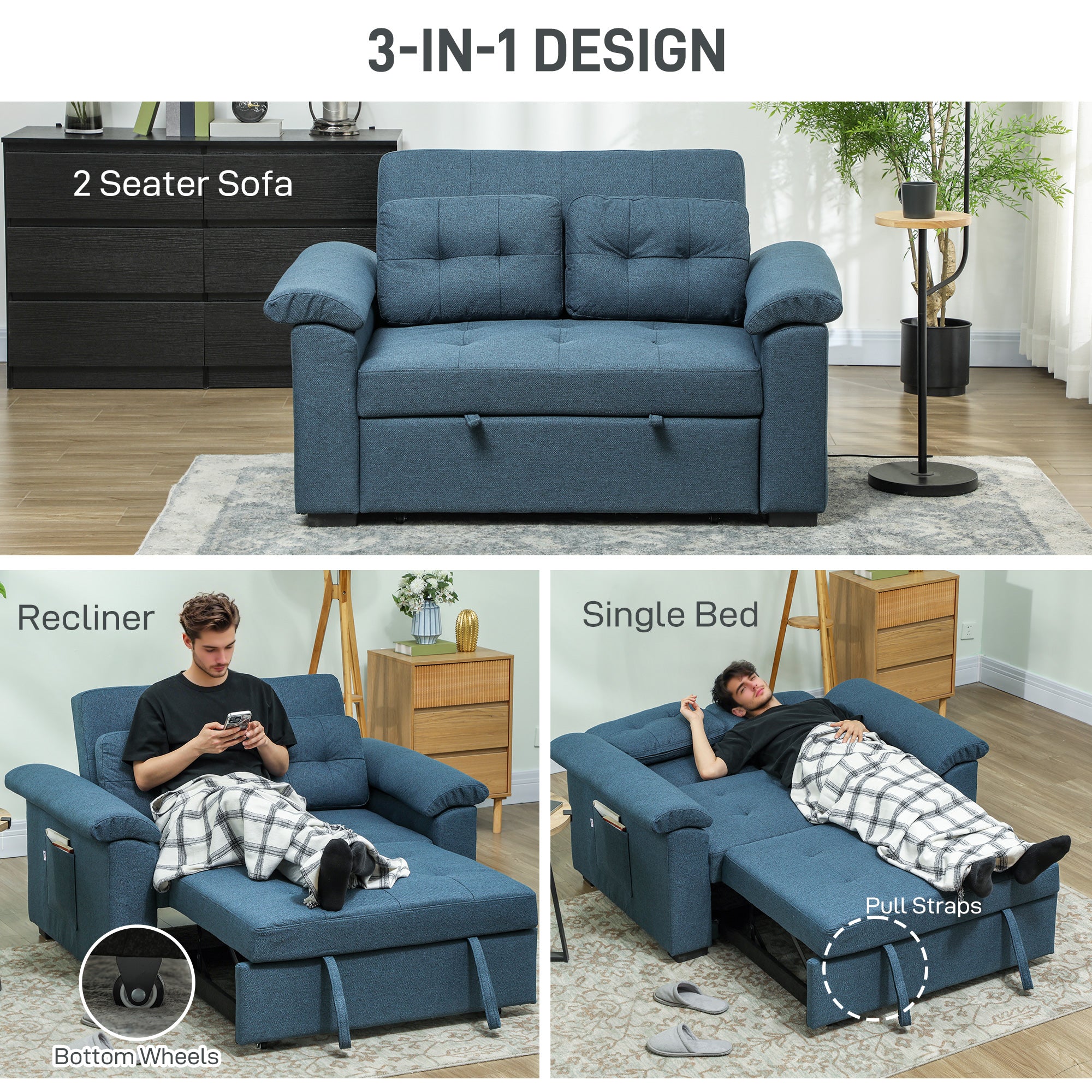 HOMCOM Pull Out Sofa Bed with 2 Pocket Springs, Fabric 2 Seater Click Clack Sofa Bed Settee, Convertible Sofa Couch with Pillows and Side Pockets for Living Room, Home Office, Blue - North Peak Garden Furniture