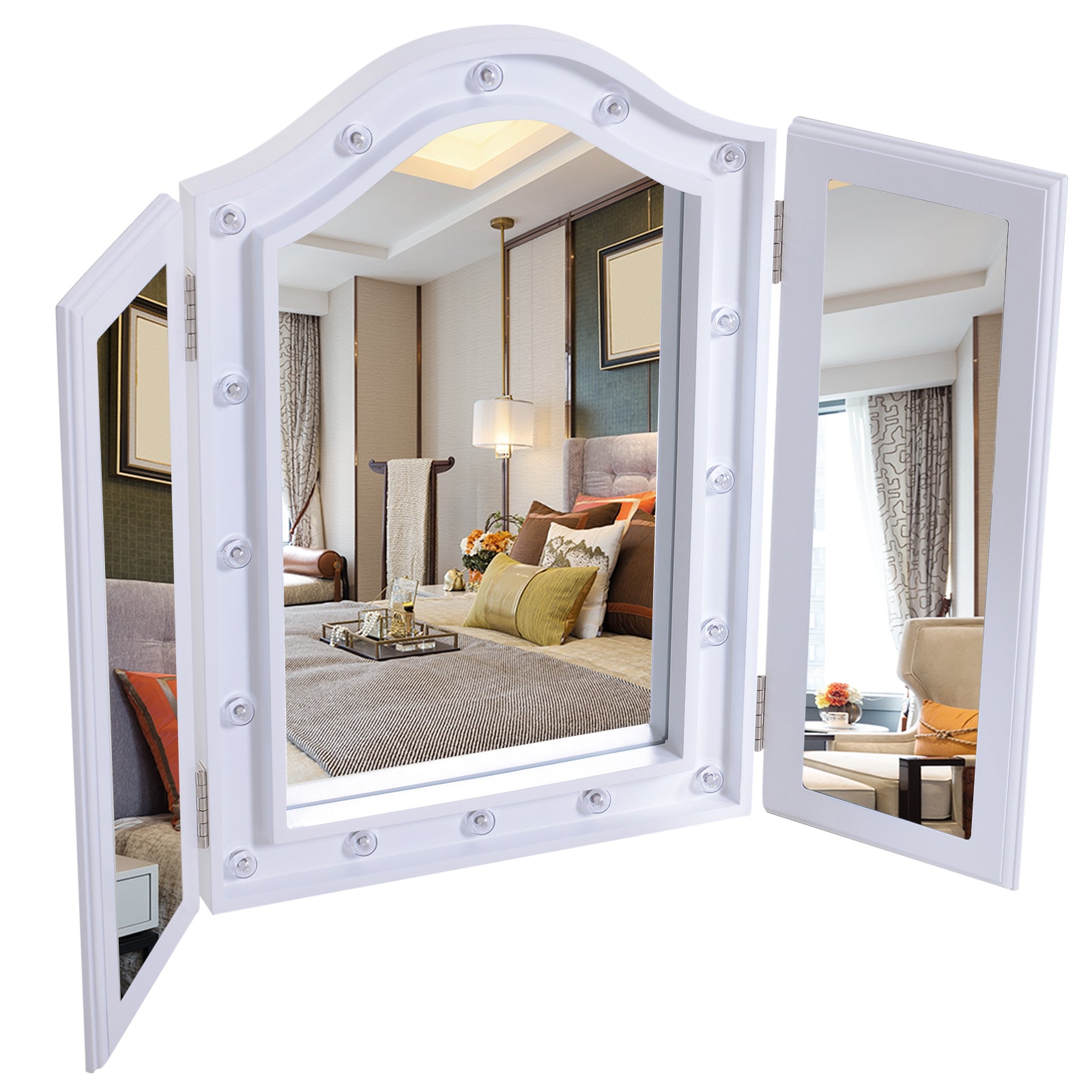 HOMCOM Trifold Freestanding Mirror, Lighted Tabletop Vanity Mirror Large Cosmetic w/16 LED Lights powered by batteries Foldable For Bedroom- White - North Peak Garden Furniture