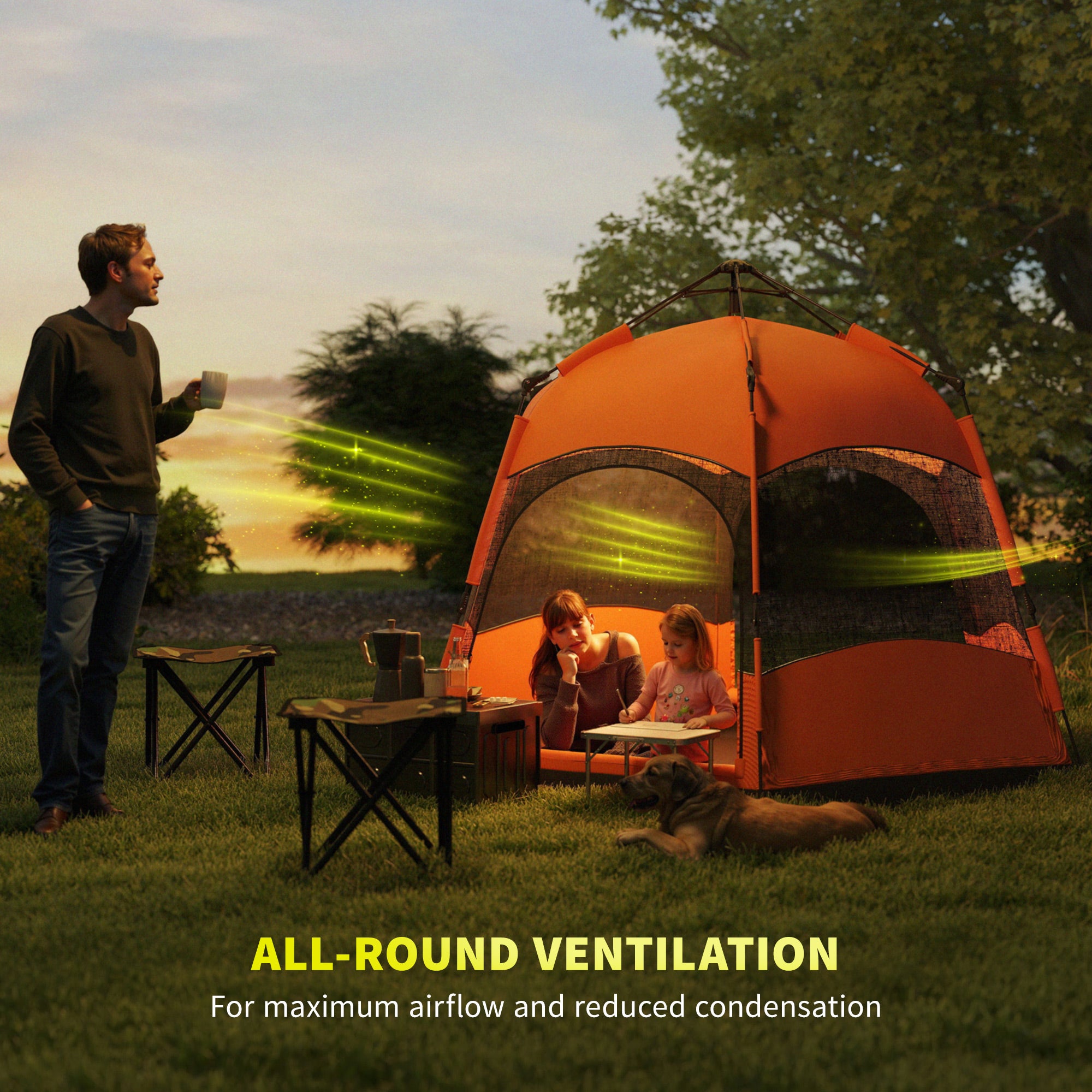 Outsunny Double Layer Dome Tent with Rainfly and Welded Floor, 4 Man Hexagon Pop Up Tent, Portable Camping Shelter with Hang Hook and Carry Bag, for Festival Hiking Family, Orange and Blue