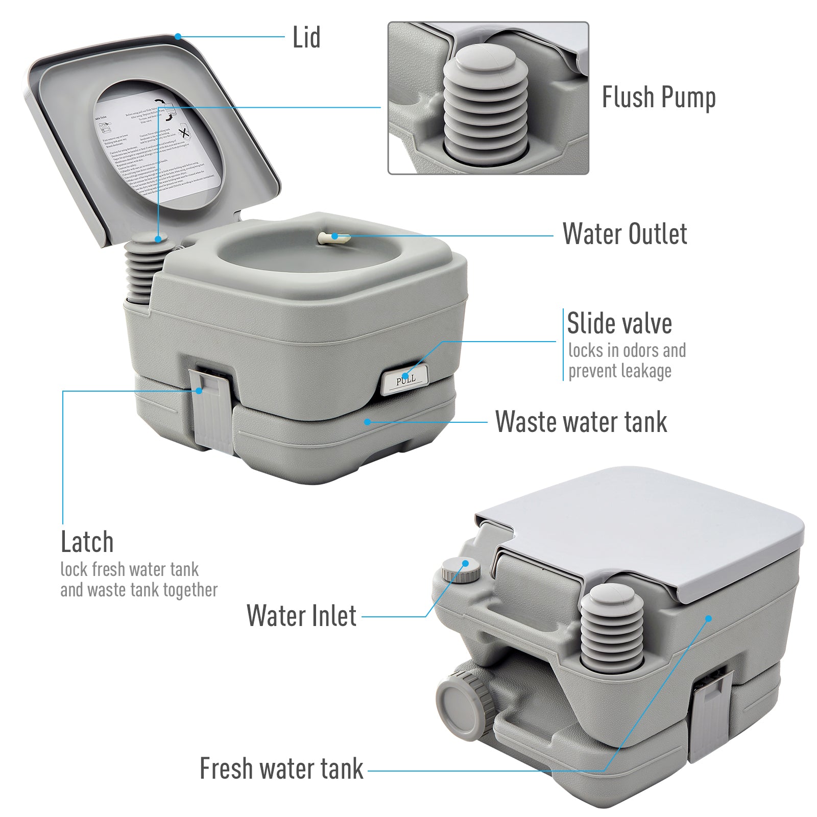 HOMCOM 10L Portable Travel Toilet Outdoor Camping Picnic with 2 Detachable Tanks & Push-button Operation, Grey - North Peak Garden Furniture