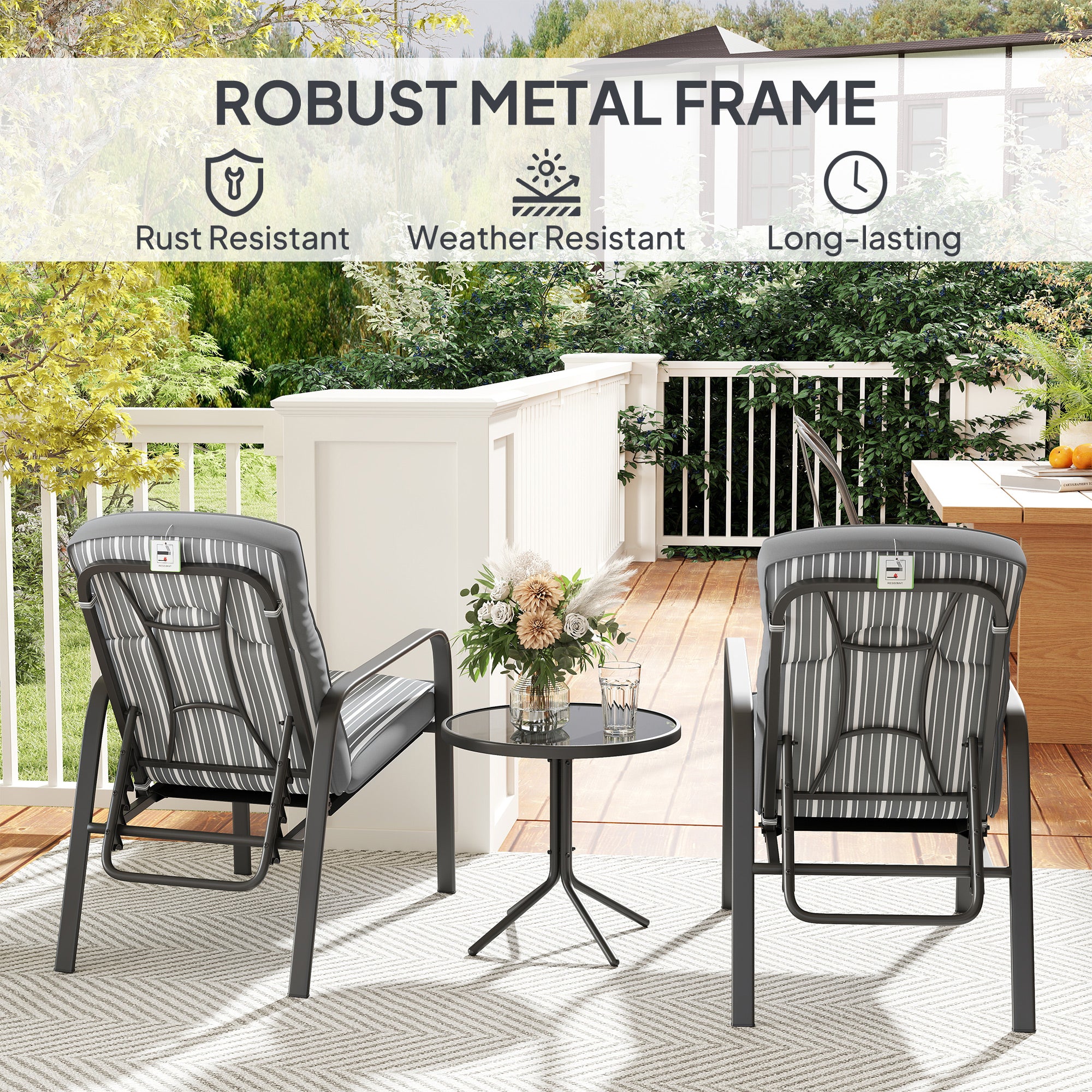 Outsunny 3-Piece Patio Bistro Set, 5-Position Adjustable Recliner Garden Chairs and Tempered Glass Table, Garden Furniture Set with Cushions, High Back, Armrests, Metal Frame for Balcony Patio, Grey - North Peak Garden Furniture