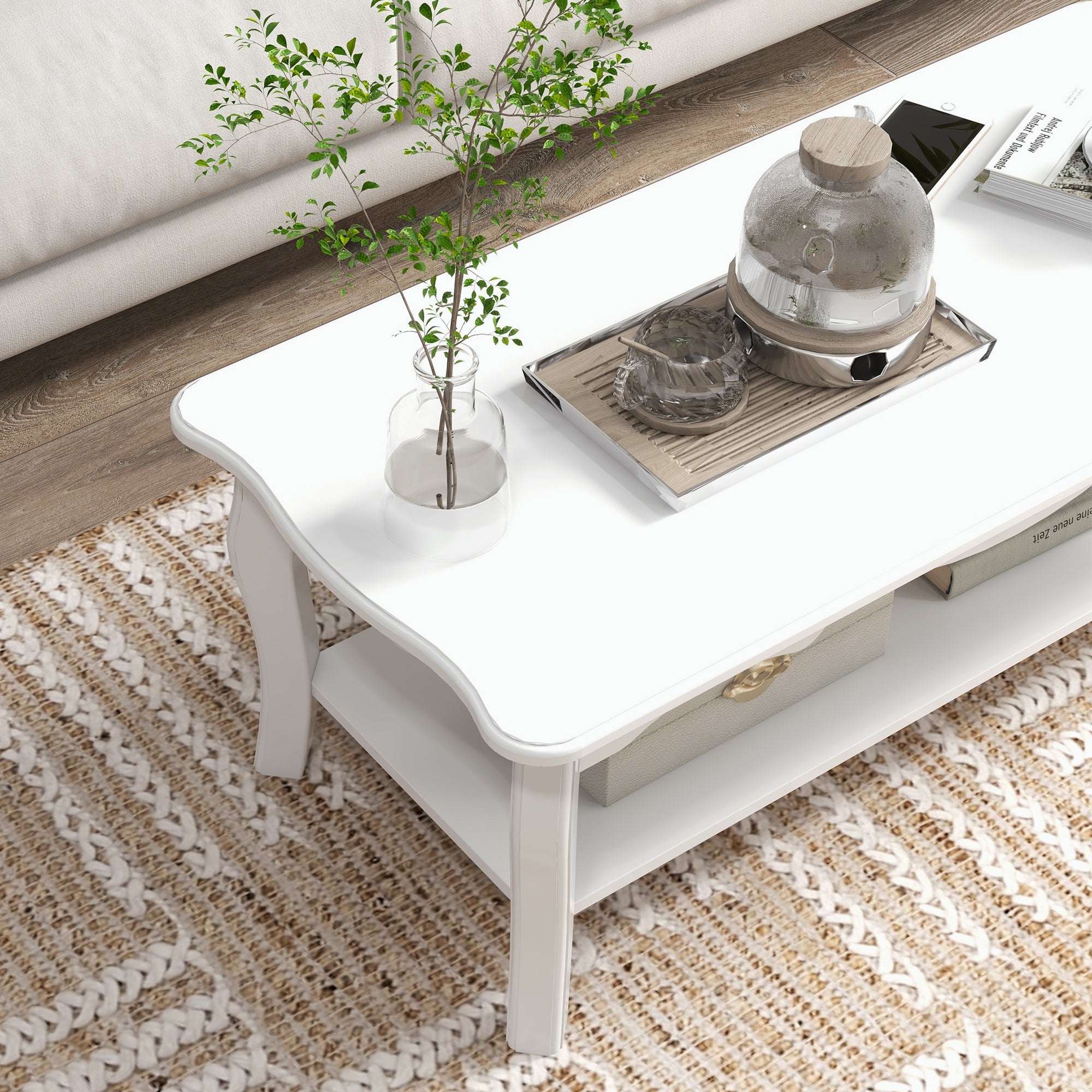 HOMCOM White Coffee Table Wood Cocktail Tea Centre Table with Storage Shelf for Living Room Reception Room, 94L x 44W x 42H cm - North Peak Garden Furniture
