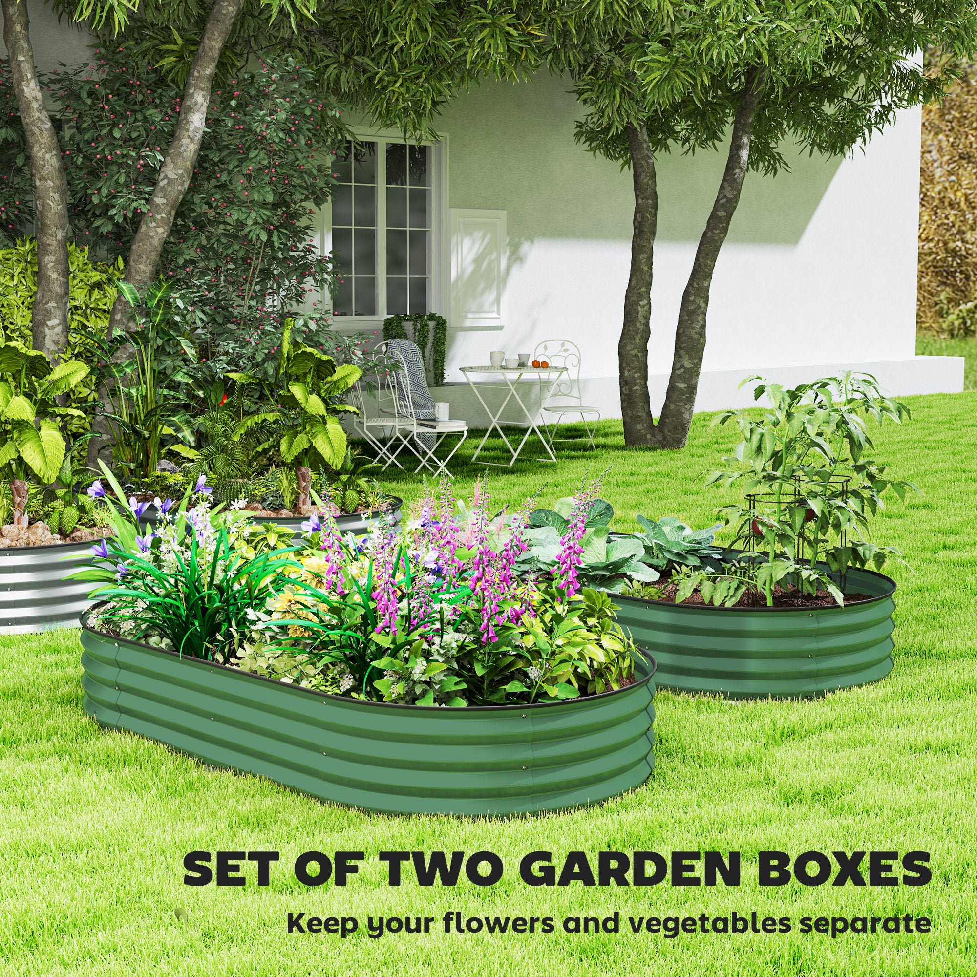 Outsunny Set of Two 181 x 93cm Steel Planters - Green - North Peak Garden Furniture
