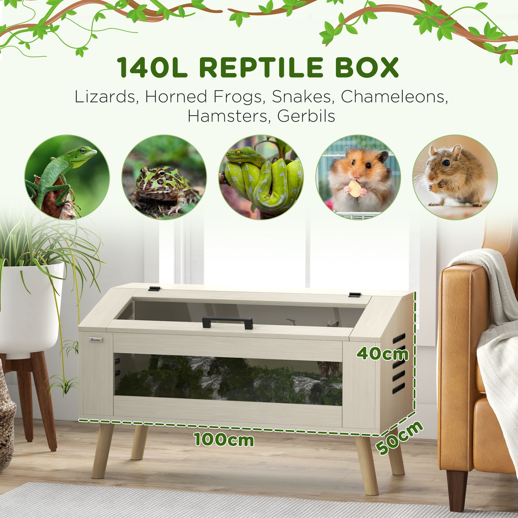 PawHut 140L Vivarium for Snakes, Lizards, Horned Frogs, Chameleons, Hamsters, Gerbils with Tempered Glass Windows - North Peak Garden Furniture