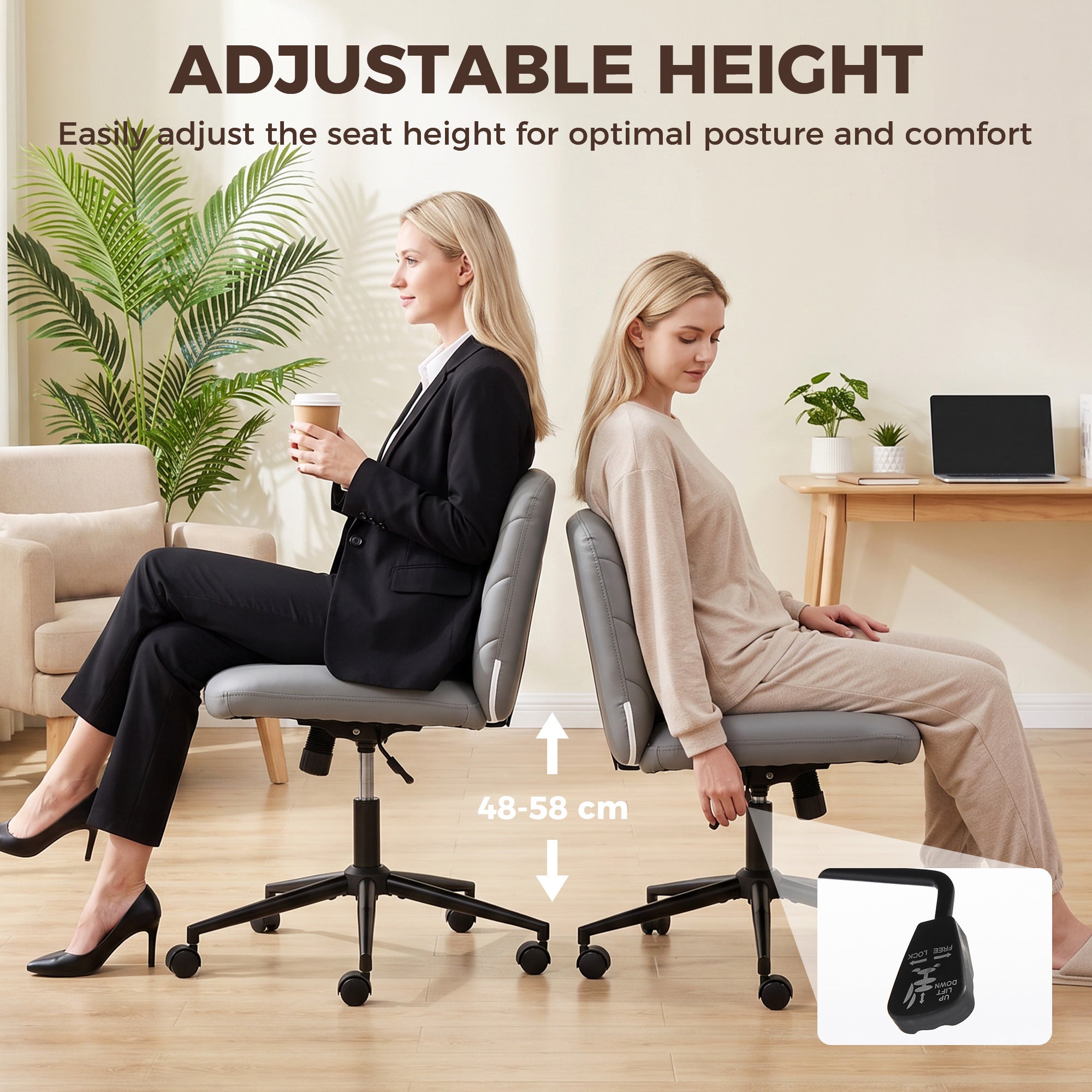 HOMCOM Home Office Desk Chair Height Adjustable Swivel Chair Cross Legged Wide Seat Swivel Wheels Grey