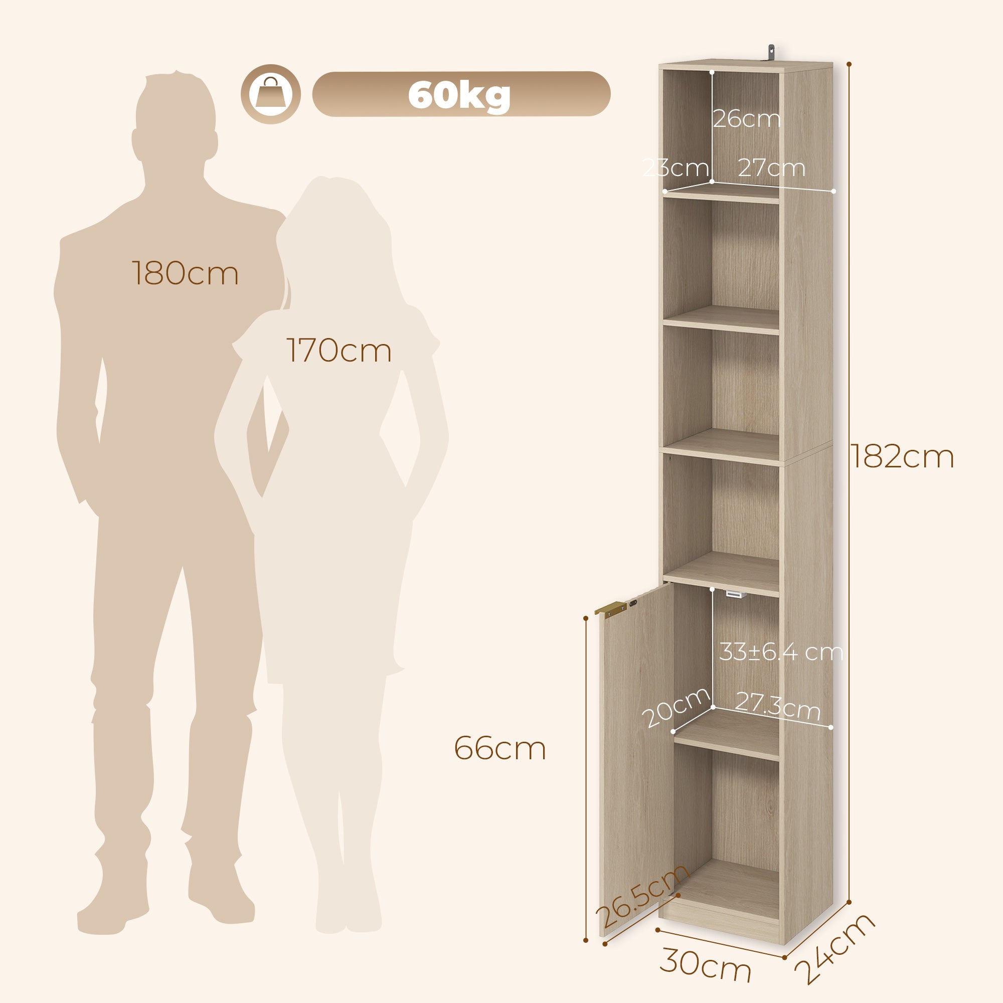 HOMCOM Bookcase Adjustable Shelf Bookshelf Anti-Tip Hardware 6-Tier Storage Cabinet Oak Wood Effect