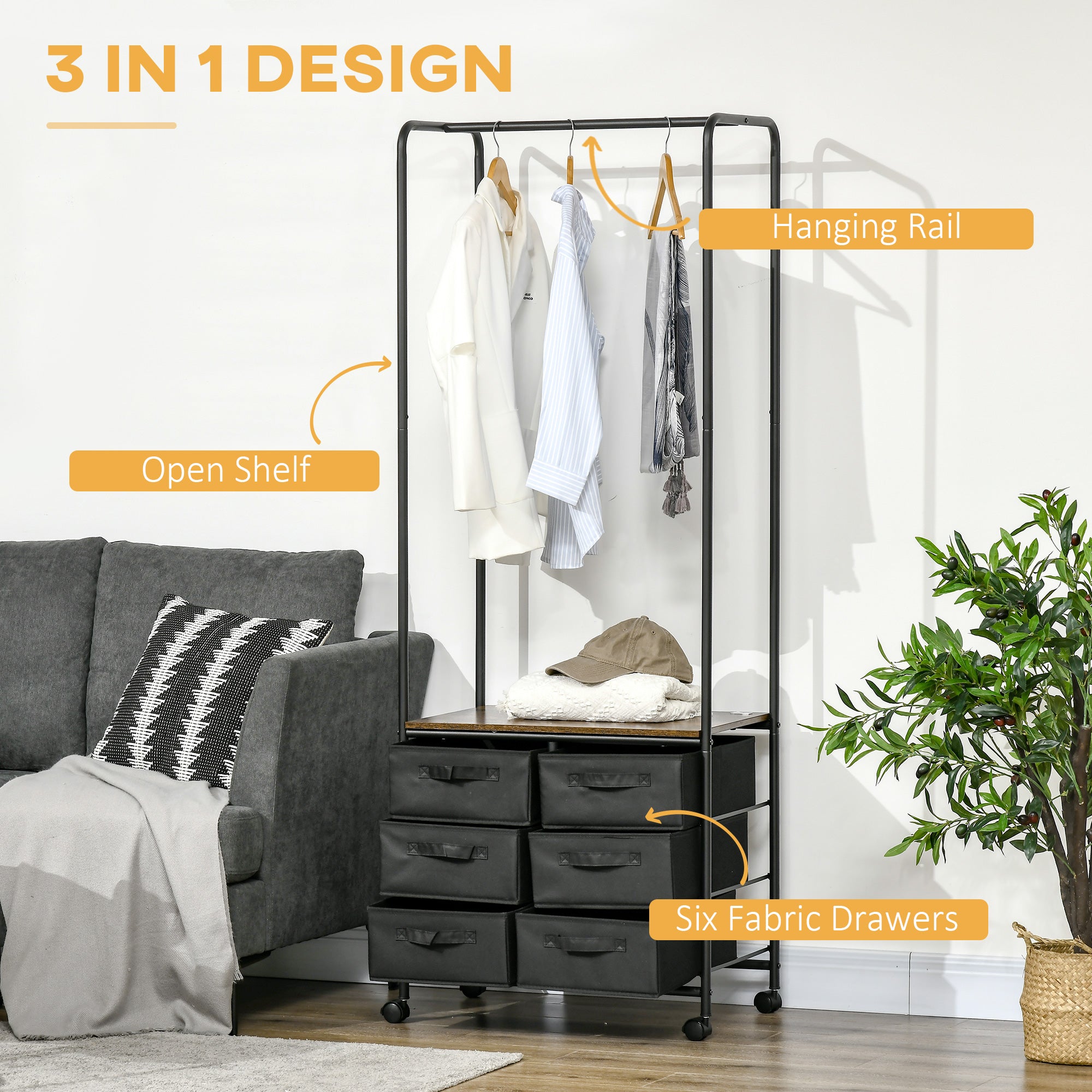 HOMCOM Industrial Hanging Clothes Rail, Clothes Rack with 6 Fabric Drawers, Open Wardrobe Organiser for Hallway, Bedroom and Closet, Rustic Brown - North Peak Garden Furniture