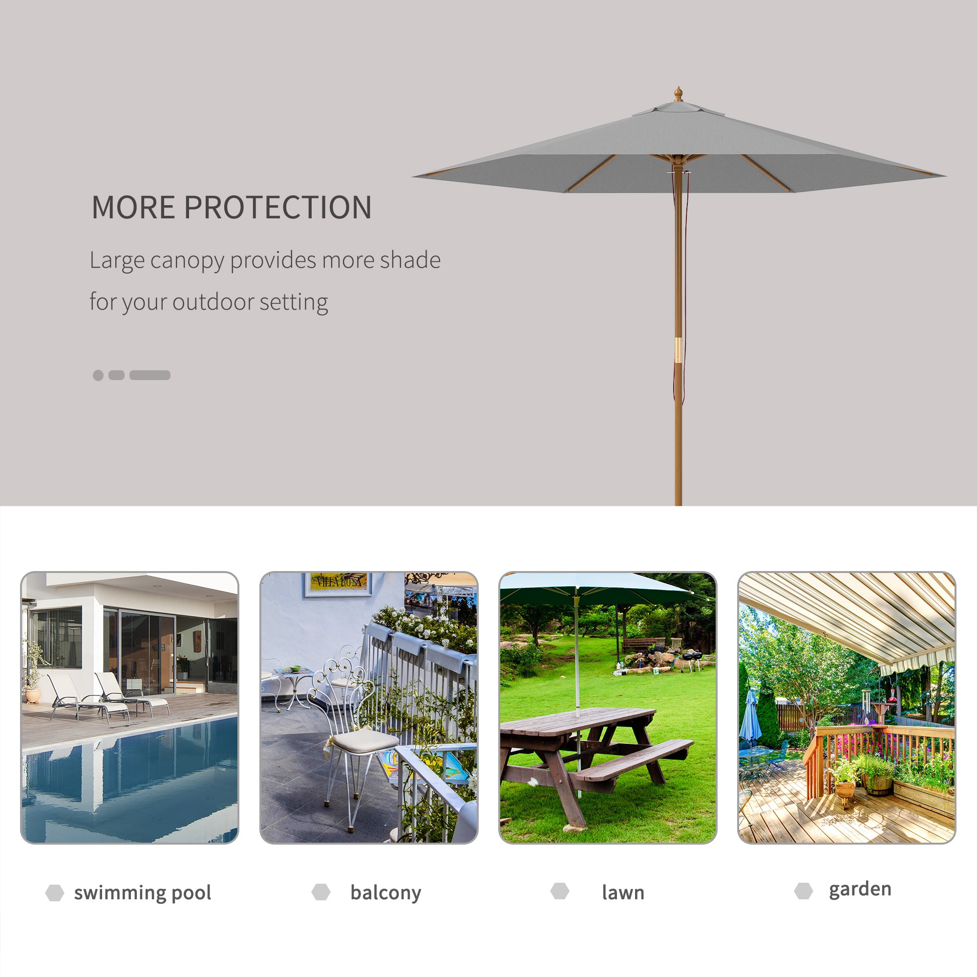 Outsunny 2.5m Wood Garden Parasol Sun Shade Patio Outdoor Wooden Umbrella Canopy Light Grey - North Peak Garden Furniture