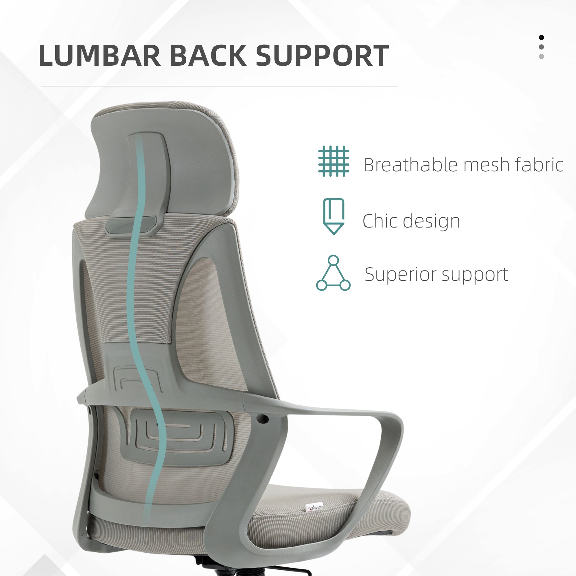 Vinsetto Ergonomic Office Chair, High Back Computer Chair, Mesh Desk Chair with Lumbar Support, Headrest, Wheel, Adjustable Height, Grey - North Peak Garden Furniture