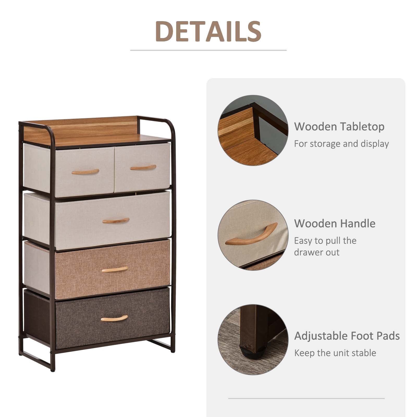 HOMCOM 5-Drawer Dresser Tower 3-Tier Storage Organizer with Steel Frame Wooden Top for Bedroom Hallway Closets - North Peak Garden Furniture