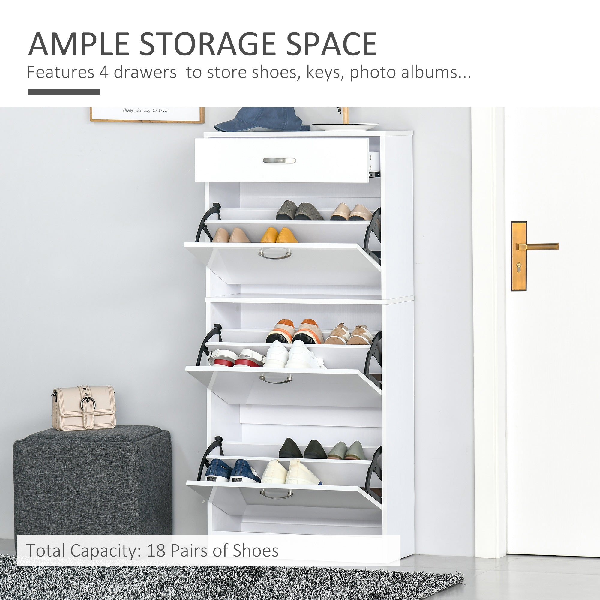HOMCOM Shoe Cabinet with 3 Flip Drawers, High Gloss Shoe Storage Cabinet with Top Drawer and Adjustable Shelves, Shoe Cupboard for 18 Pairs, White - North Peak Garden Furniture