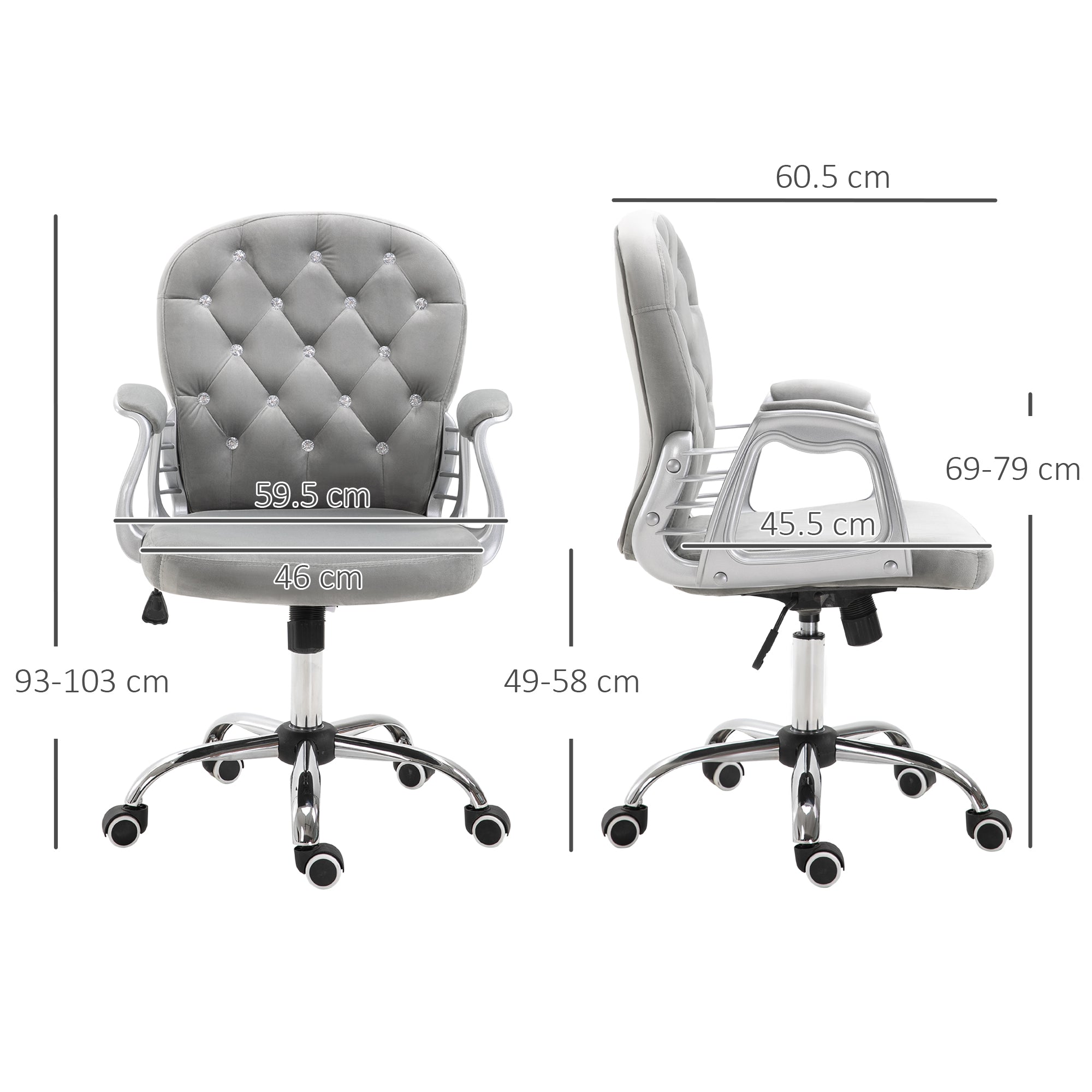 Vinsetto Office Chair, Swivel Desk Chair, Velvet Vanity Chair with Adjustable Height and Rolling Wheels for Home Work Study, Grey - North Peak Garden Furniture