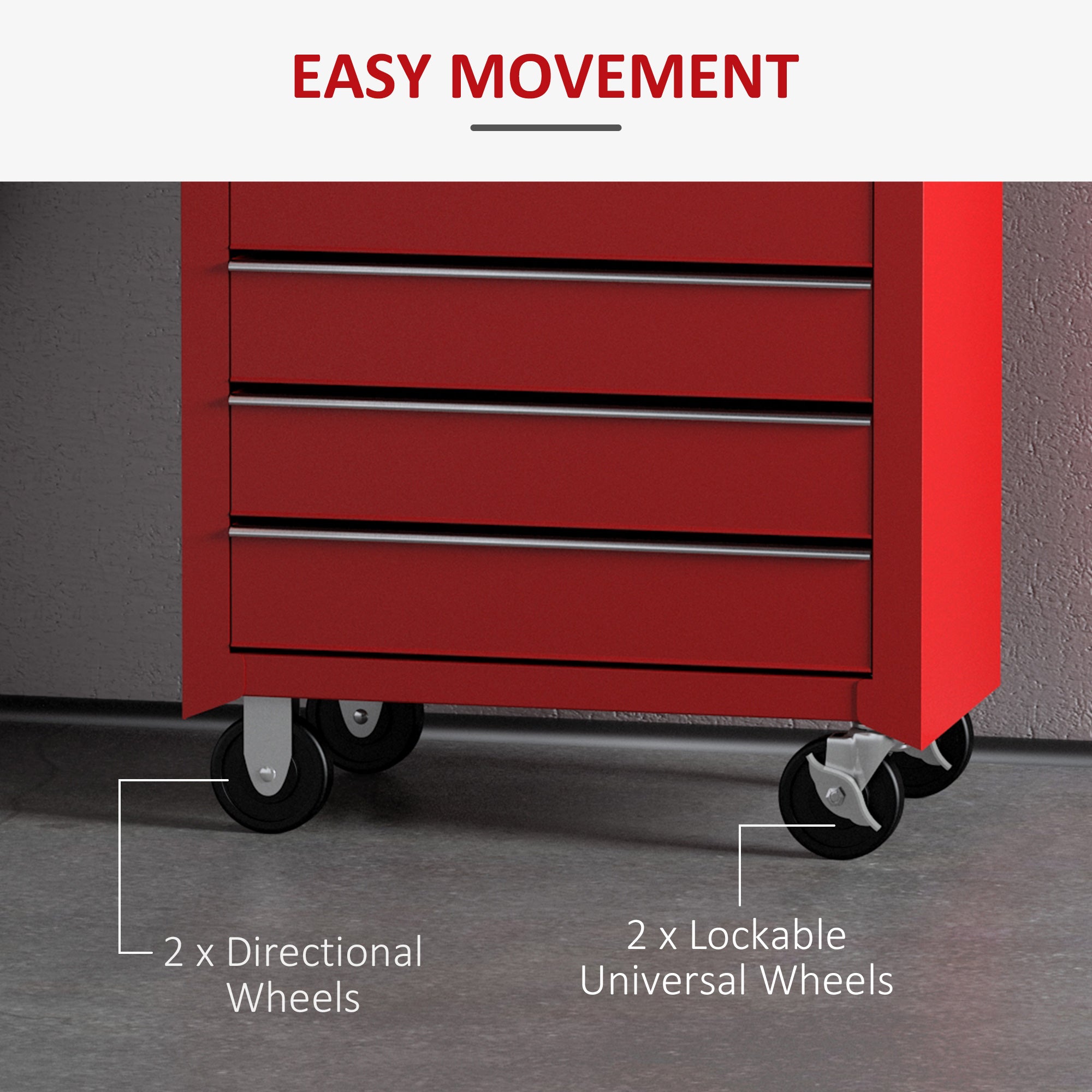 HOMCOM 5 Drawer Tool Chest on Wheels, Lockable Steel Tool Trolley with Side Handle for Workshop, Garage, Red - North Peak Garden Furniture