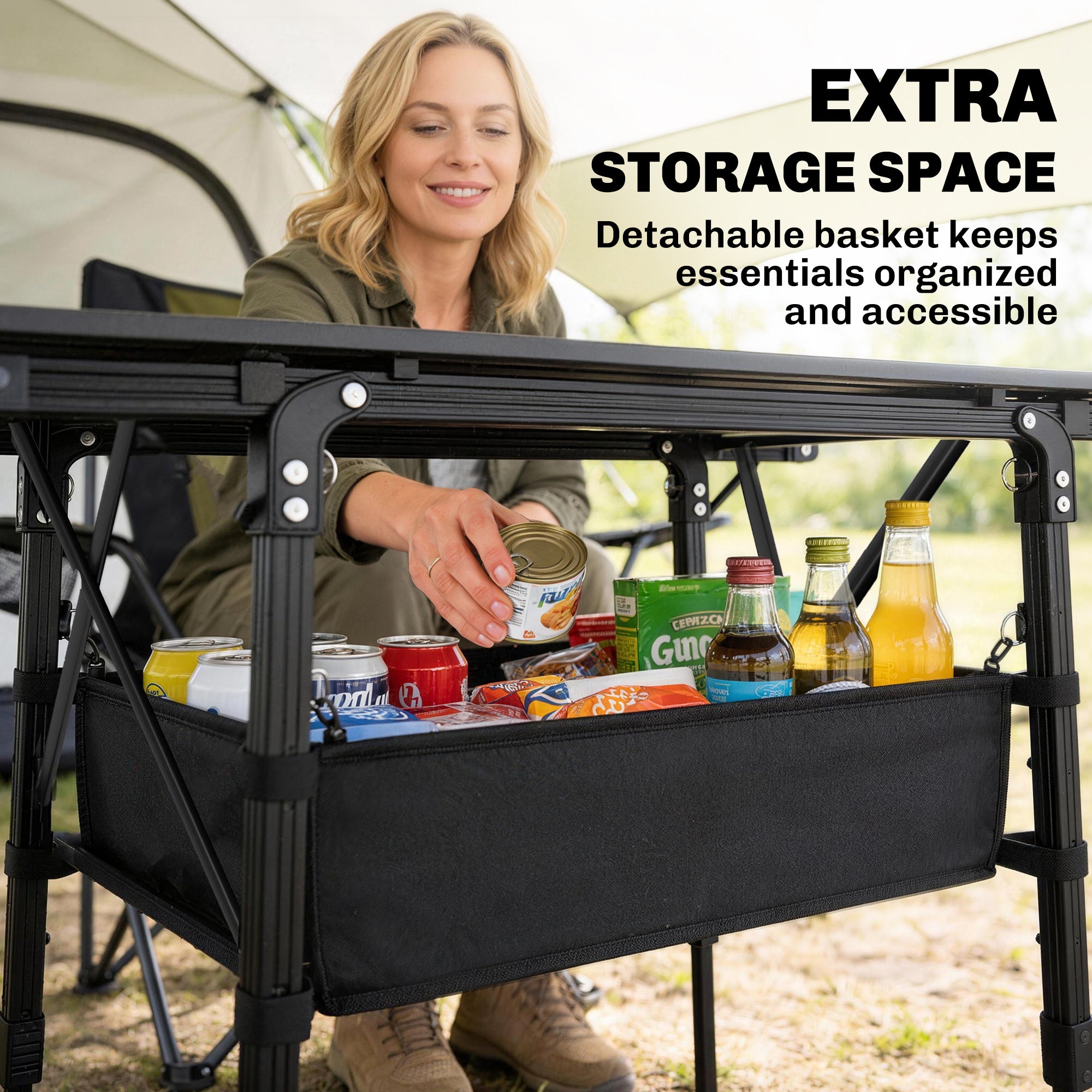 Outsunny Folding Camping Table, 90 x 55 cm Height Adjustable Portable Collapsible Table, 3ft Lightweight Aluminium Rollup Picnic Table with Storage Basket for Outdoor Garden Party BBQ, Black