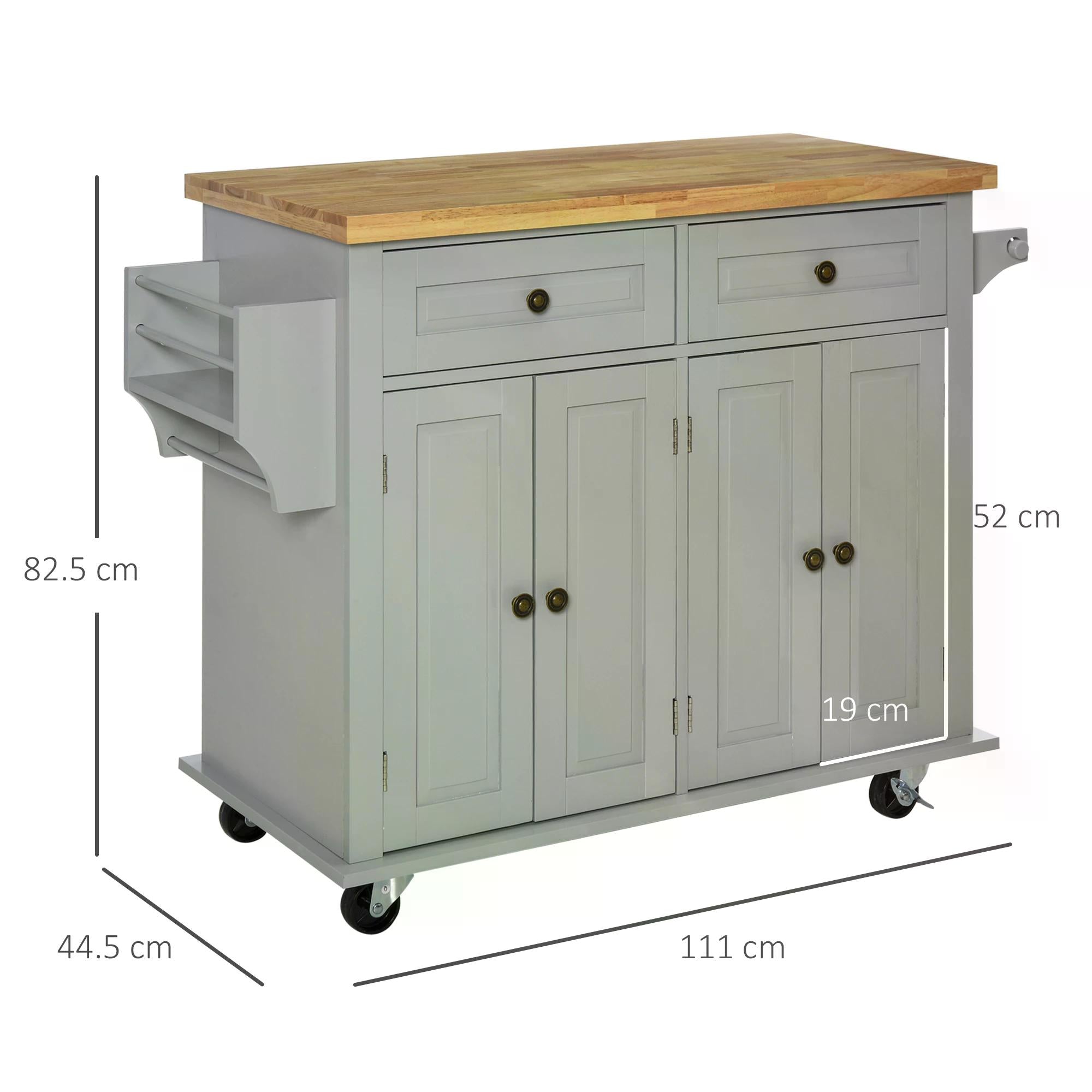 HOMCOM Rolling Kitchen Island Storage Trolley with Rubber Wood Top & Drawers for Dining Room, Grey