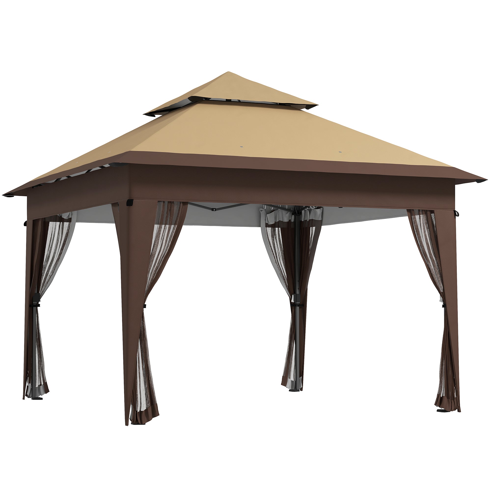 Outsunny 3 x 3(m) Pop Up Gazebo with Mosquito Netting, 1 Person Easy up Marquee Party Tent with 1-Button Push, Double Roof, Carry Bag, Sandbags, Height Adjustable Instant Shelter, Khaki - North Peak Garden Furniture