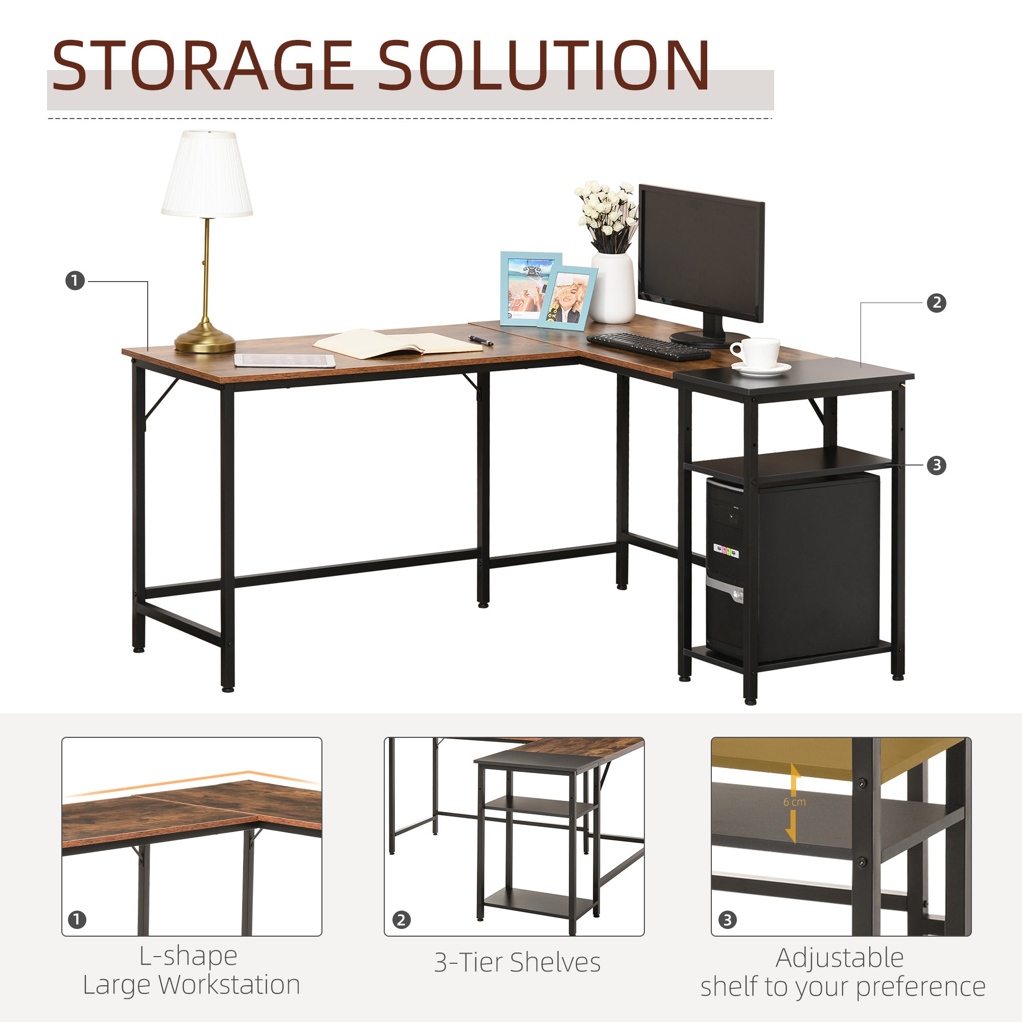 HOMCOM L-Shaped Computer Desk Industrial Corner Writing Desk with Adjustable Storage Shelf Space-Saving Home Office Workstation 150 x 120 x 75 cm Rustic Brown - North Peak Garden Furniture