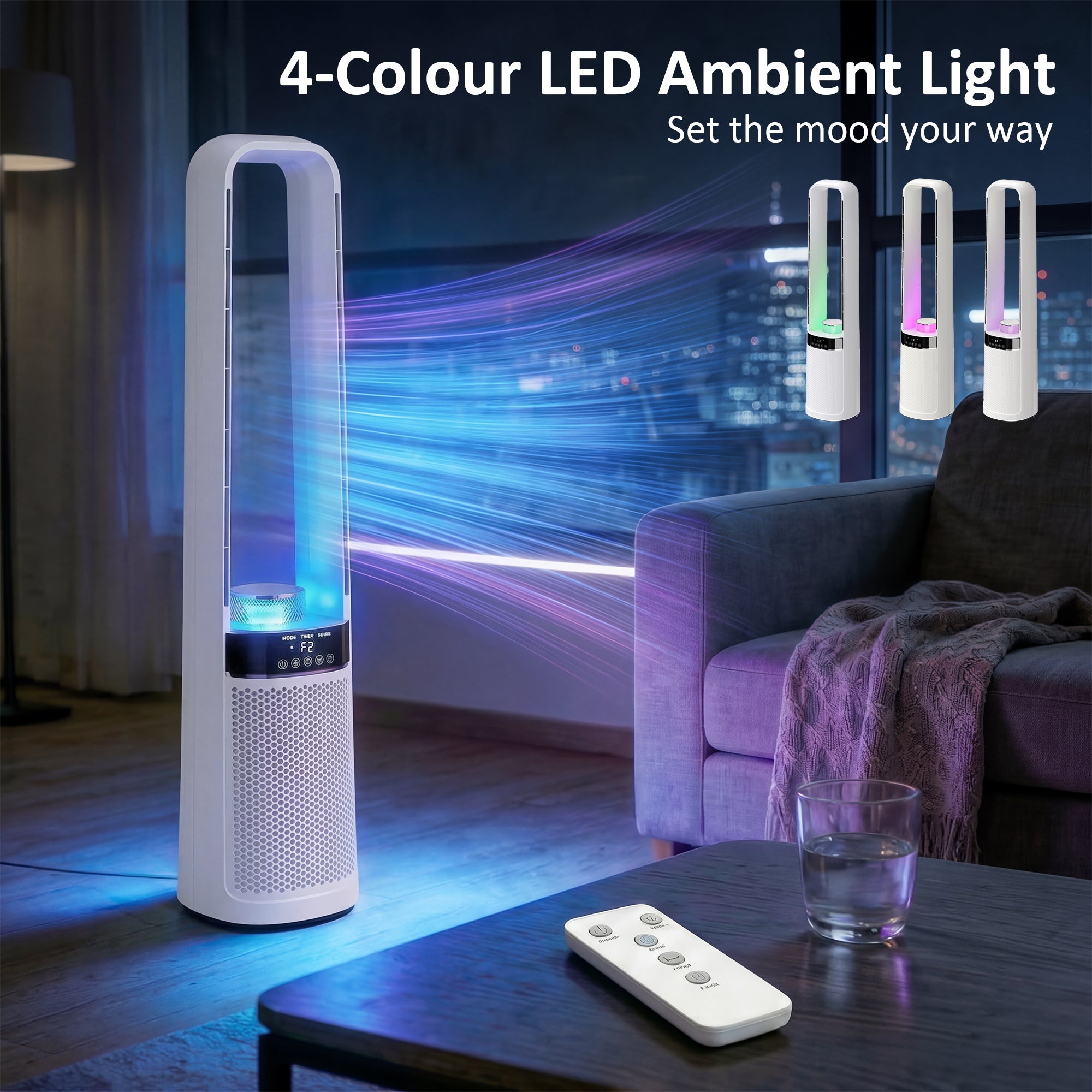 HOMCOM Bladeless Tower Fan, 36dB Standing Cooling Fan with 45° Oscillating, LED Lights, 3 Speeds, 12H Timer, Remote Control