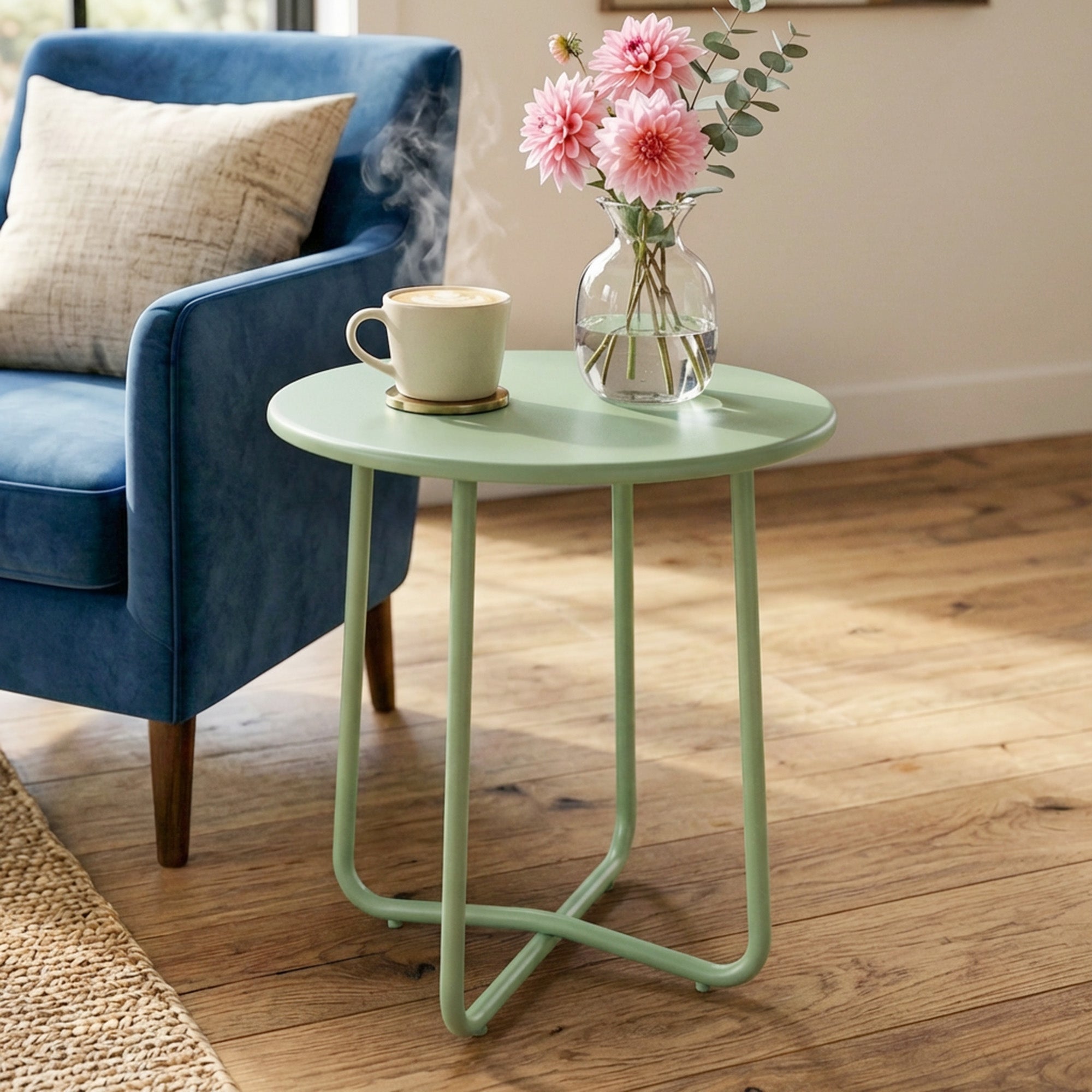 Outsunny 48 cm Round Garden Side Table, Small Metal Outdoor Garden Table with Rolled Edge, Green