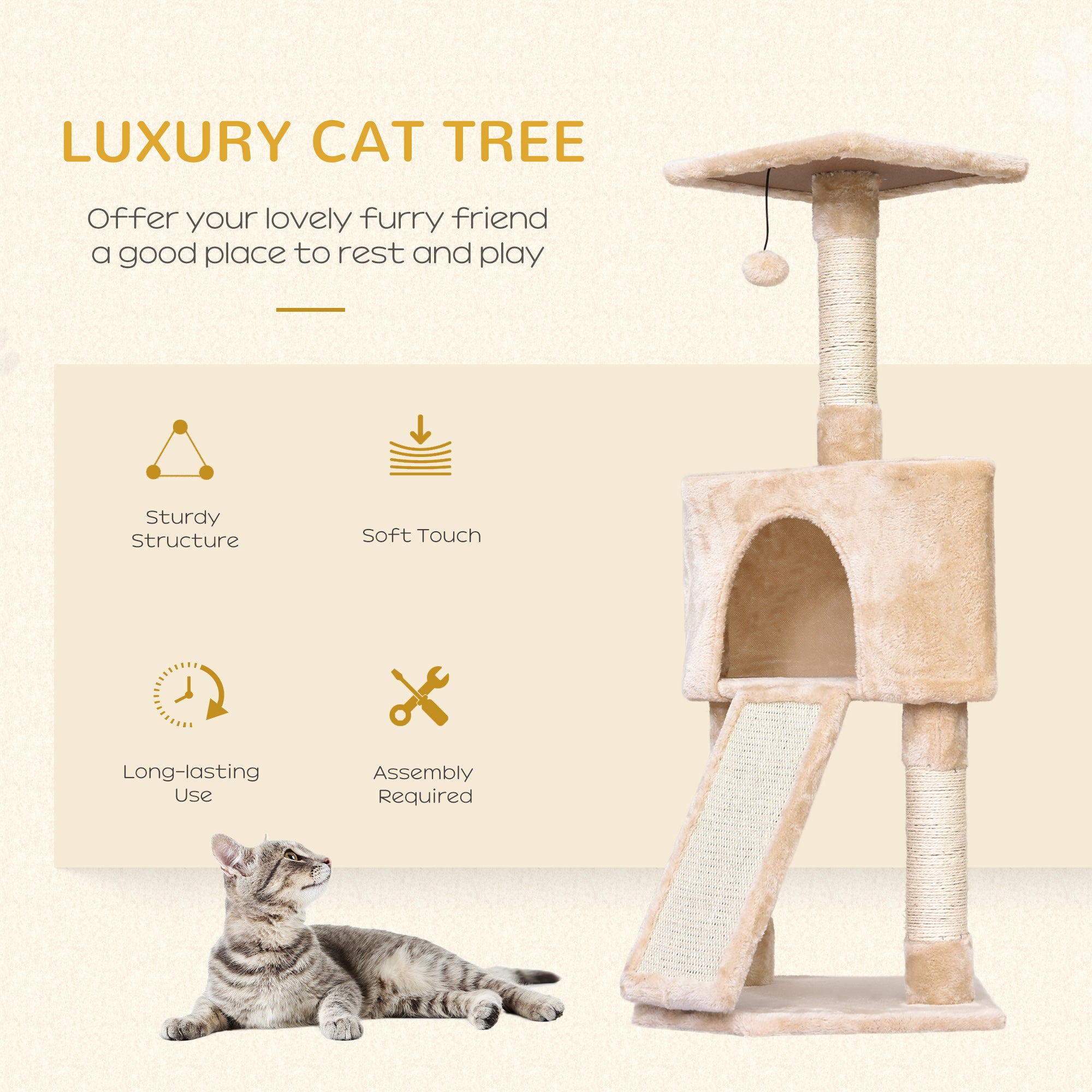 PawHut Interactive 3-Tier Cat Scratching Post: Sisal Rope and Dangle Toy for Play, Beige