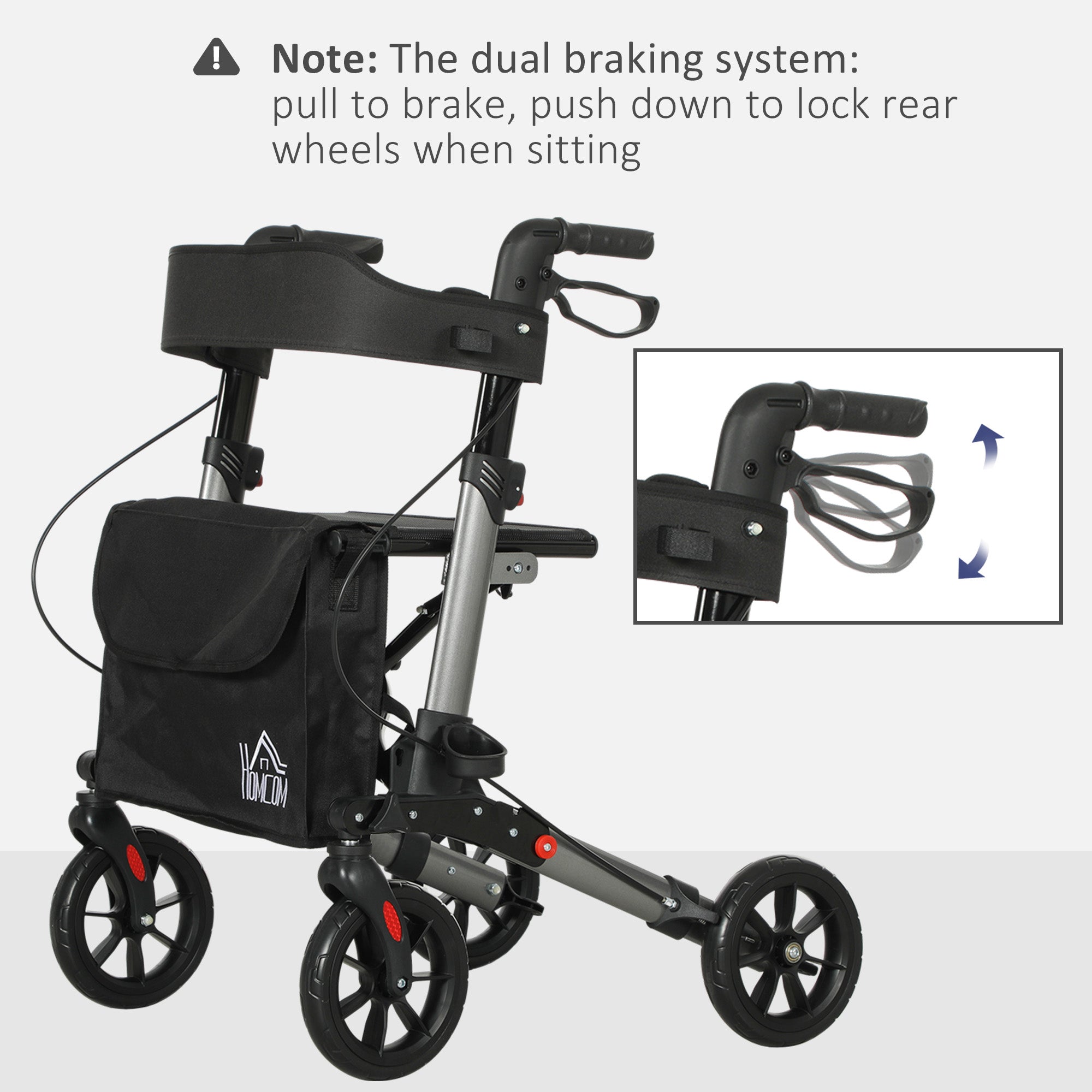 HOMCOM 4 Wheel Rollator with Seat and Back, Folding Mobility Walker with Carry Bag, Adjustable Height, Dual Brakes, Cane Holder, Lightweight Aluminium Walking Frame for Seniors and Disabled, Silver - North Peak Garden Furniture
