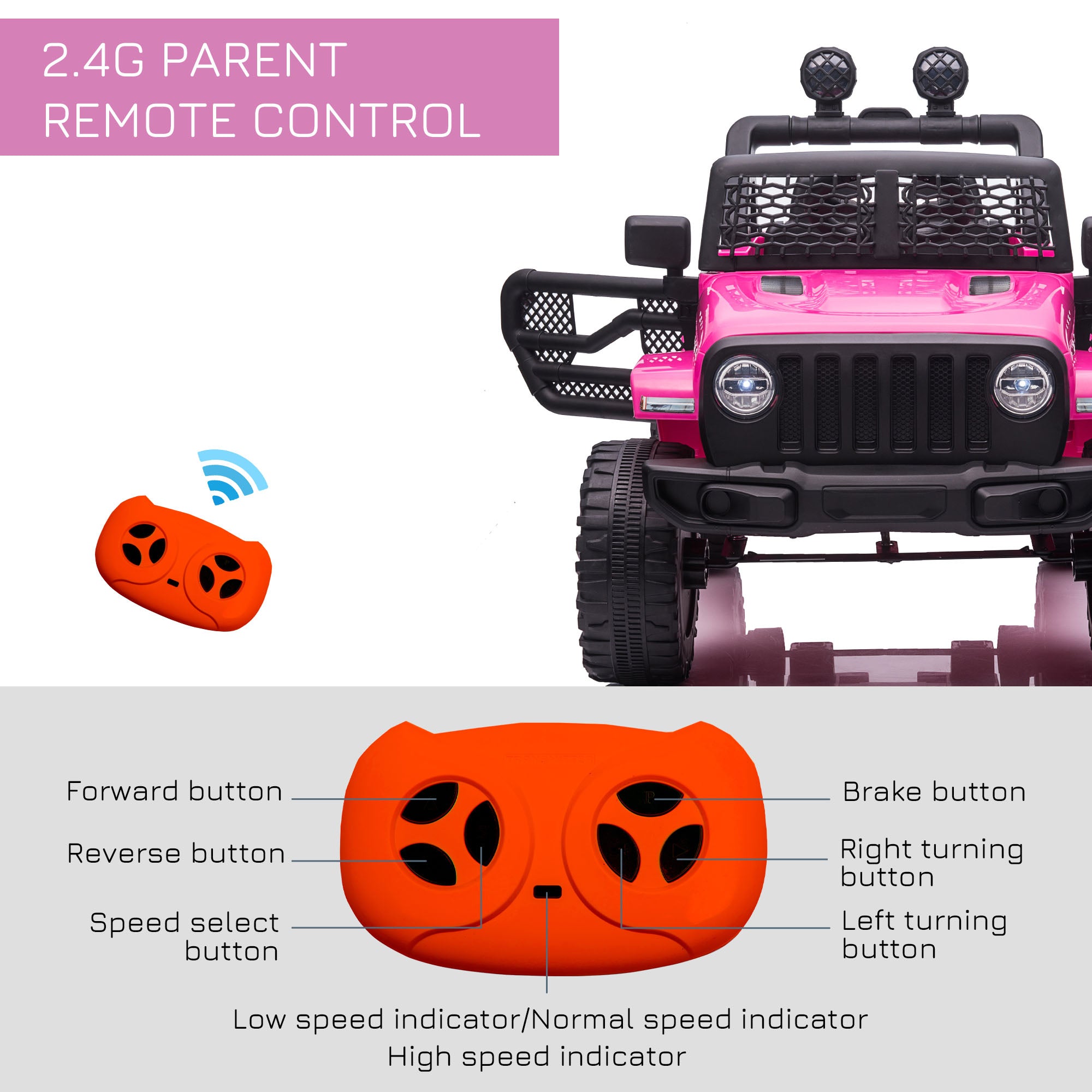 HOMCOM Kids Electric Ride On Car 12V Off Road Toy with Parental Remote Control 2 Motors Horn Lights Suspension Wheels for 3-6 Years Old Pink - North Peak Garden Furniture