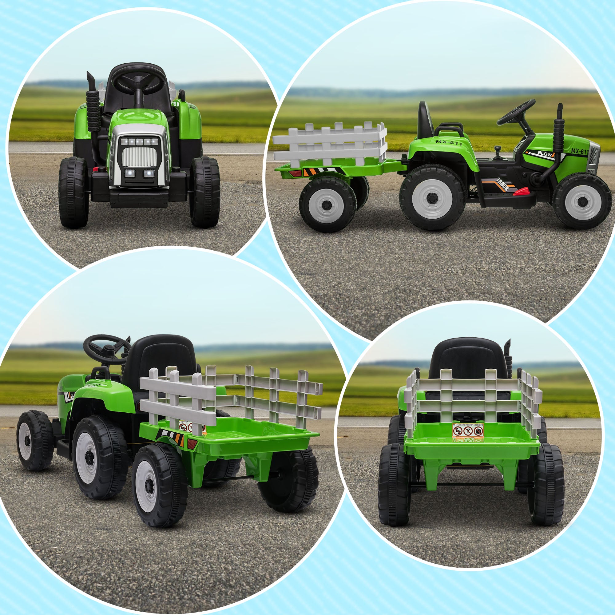 HOMCOM Ride On Tractor, Battery Powered Electric Car, with Detachable Trailer, Remote Control, Music - Green - North Peak Garden Furniture