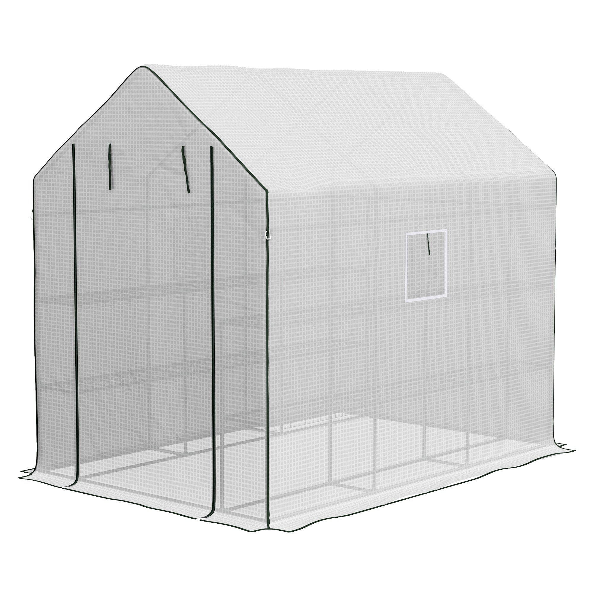 Outsunny Walk-in Greenhouse with PE Cover, 3 Tier Shelves, Roll-up Door & Mesh Windows, 140 x 213 x 190cm, White | Aosom UK