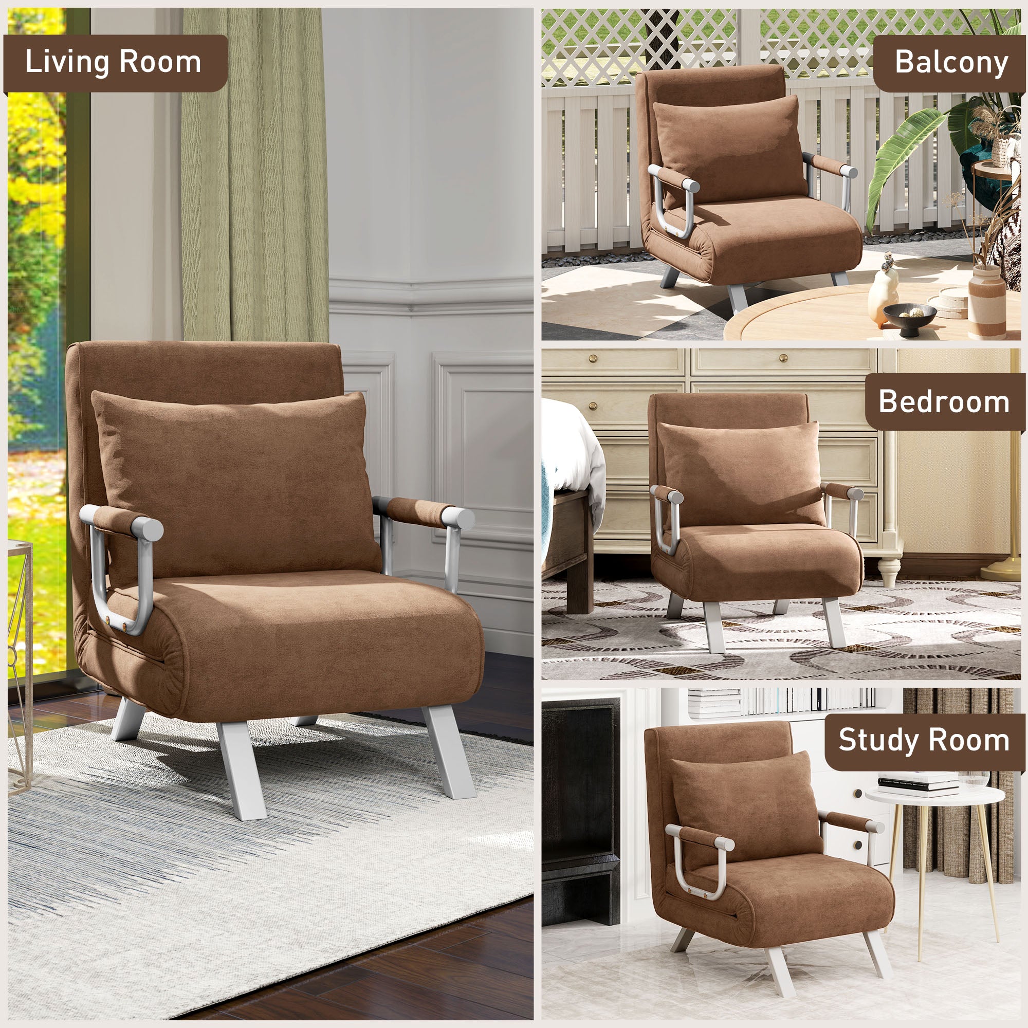 HOMCOM 4-in-1 Faux Suede Chair Bed - Coffee - North Peak Garden Furniture